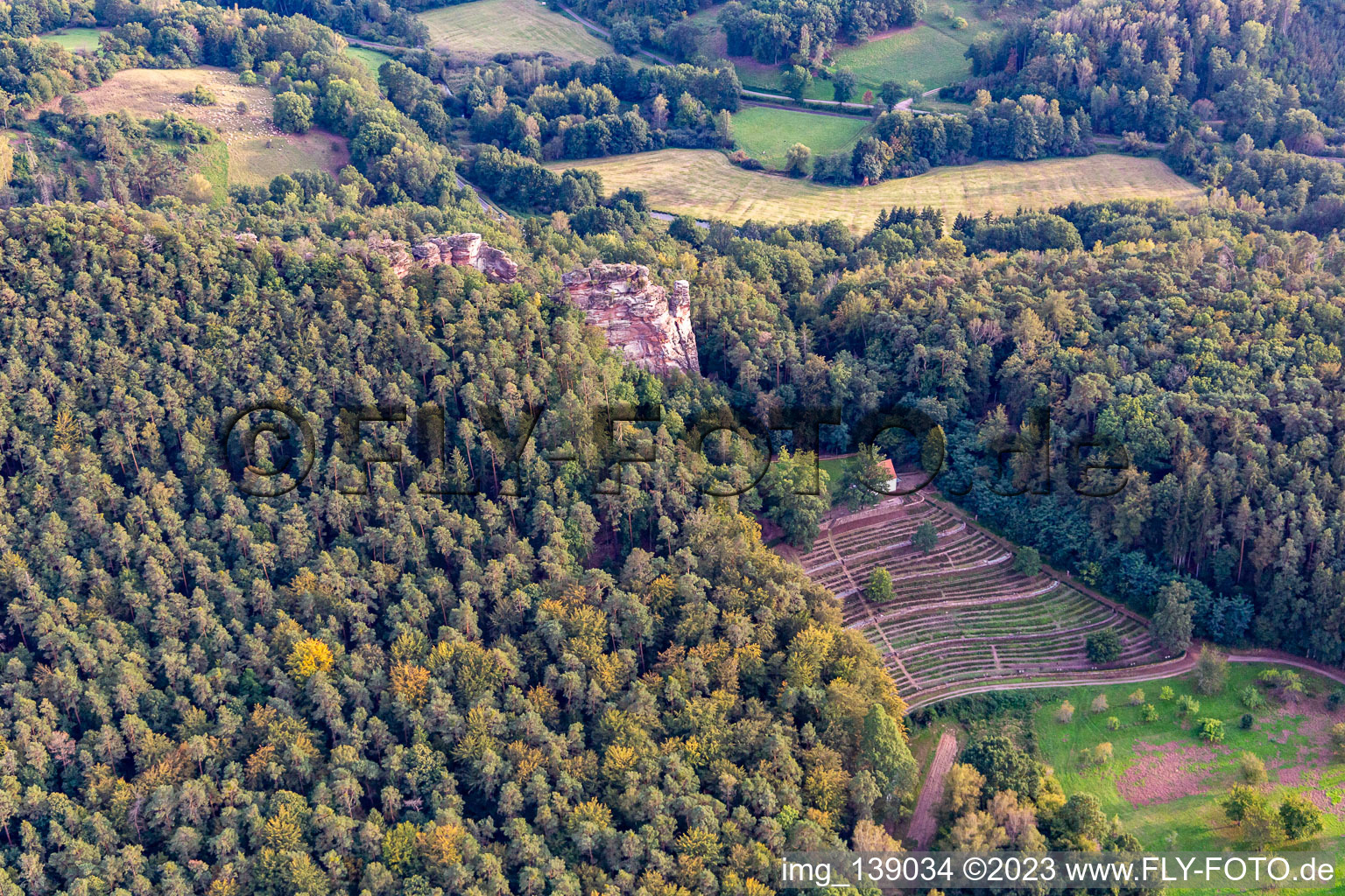 Cemetery of Honor Dahn with Michael's Chapel Dahn and Hochstein Lookout Point in Dahn in the state Rhineland-Palatinate, Germany