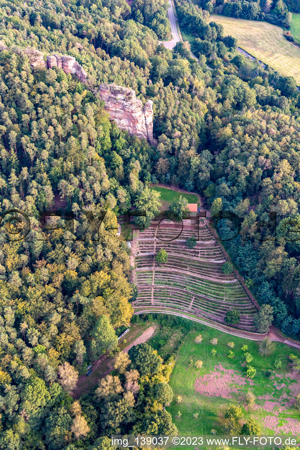 Aerial view of Cemetery of Honor Dahn with Michael's Chapel Dahn and Hochstein viewpoint in Dahn in the state Rhineland-Palatinate, Germany