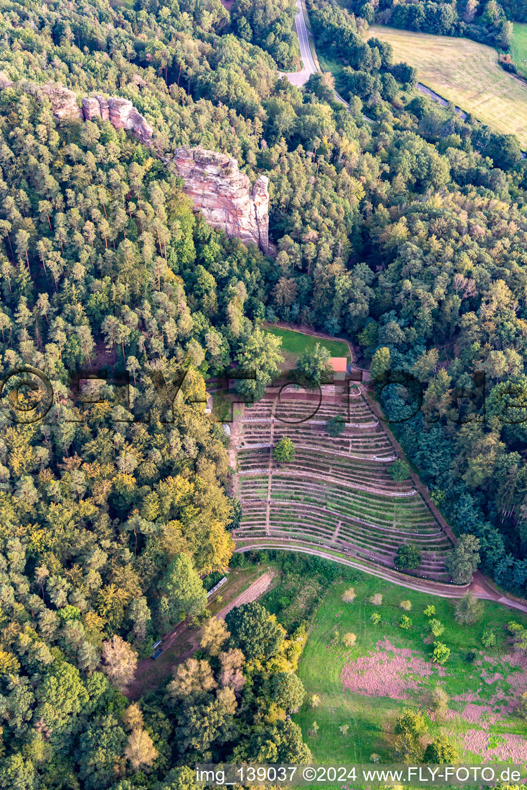 Aerial view of Cemetery of Honor Dahn with Michael's Chapel Dahn and Hochstein Lookout Point in Dahn in the state Rhineland-Palatinate, Germany