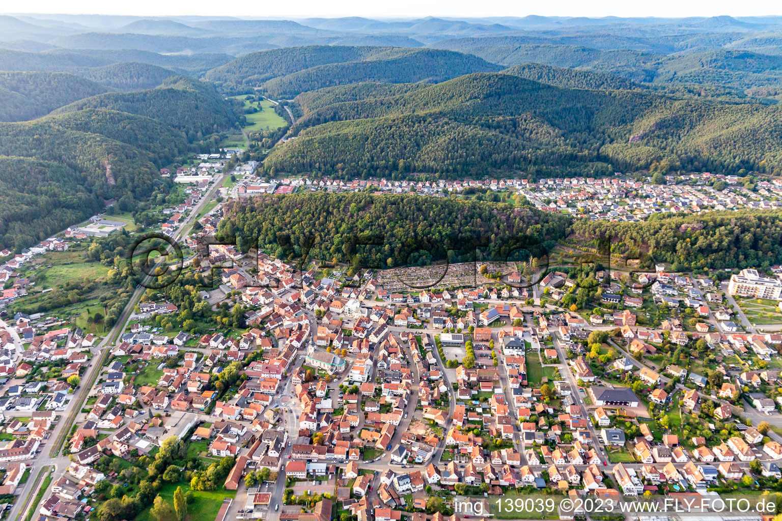 Aerial view of From the south in Dahn in the state Rhineland-Palatinate, Germany