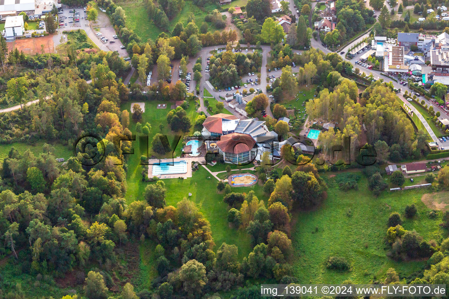 Aerial view of Felsland bathing paradise in Dahn in the state Rhineland-Palatinate, Germany