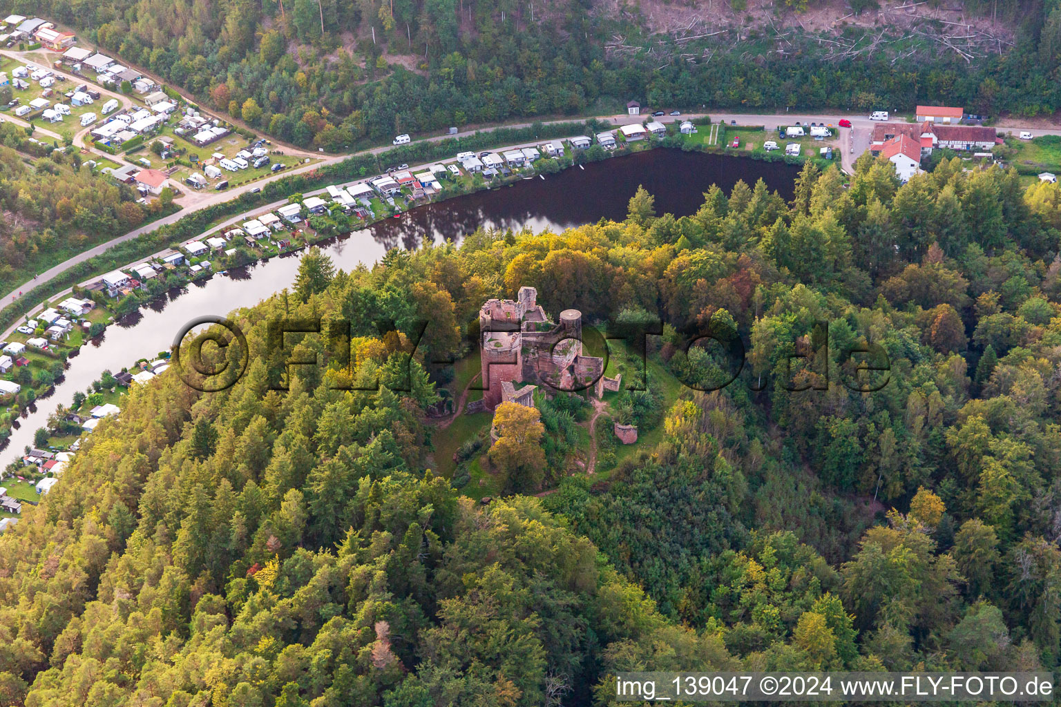 Neudahn Castle ruins above the Neudahner Weiher campsite in Dahn in the state Rhineland-Palatinate, Germany