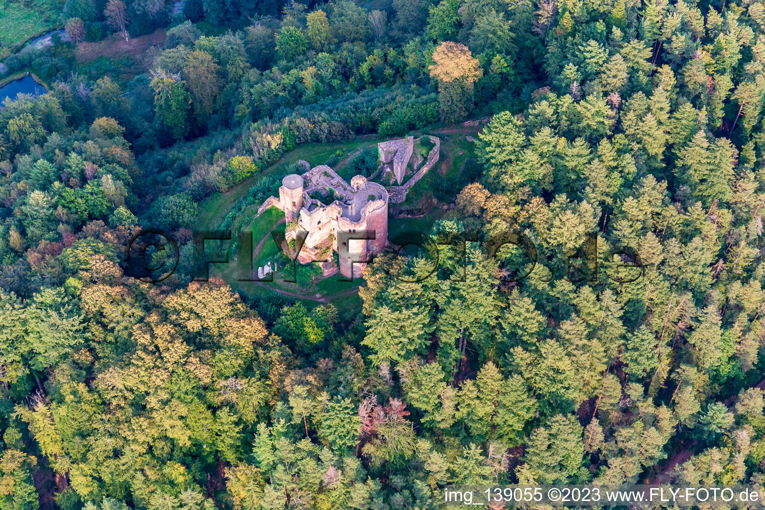 Neudahn Castle ruins above the Neudahner Weiher campsite in Dahn in the state Rhineland-Palatinate, Germany out of the air