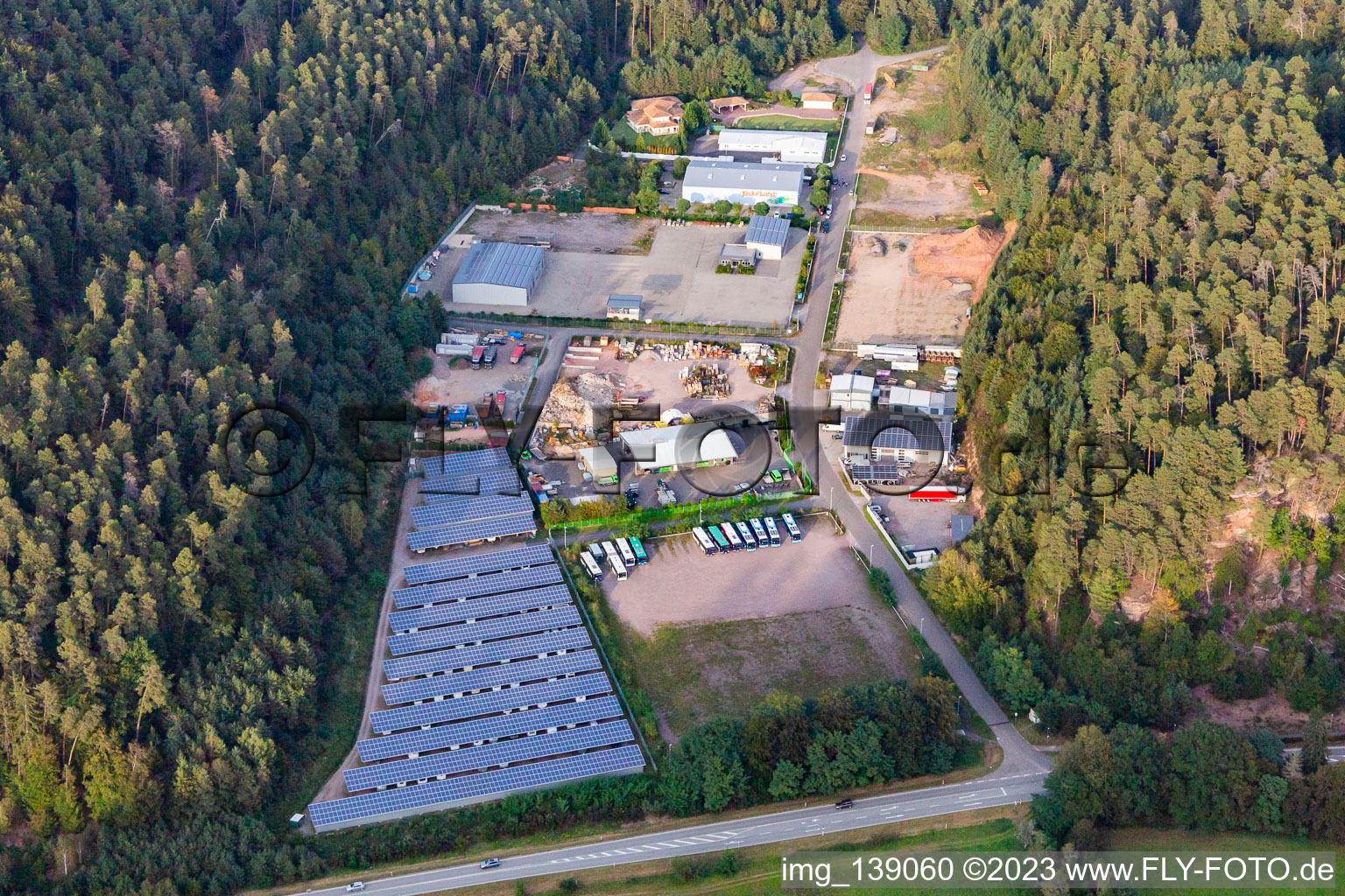 IK Bau GmbH, Frank Korbwarenfabrik GmbH & Co. KG and Schwarz Zimmerei and Dachdeckerei GmbH behind the Galgenfelsen in Dahn in the state Rhineland-Palatinate, Germany