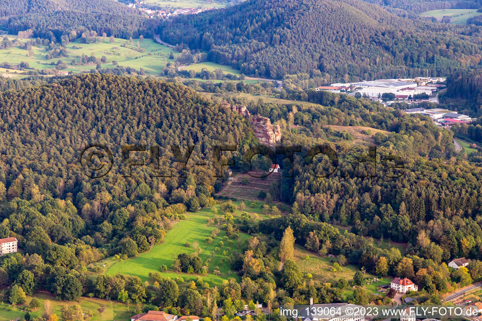 Aerial photograpy of Cemetery of Honor Dahn with Michael's Chapel Dahn and Hochstein Lookout Point in Dahn in the state Rhineland-Palatinate, Germany