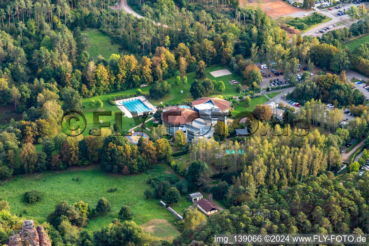 Aerial photograpy of Felsland bathing paradise in Dahn in the state Rhineland-Palatinate, Germany