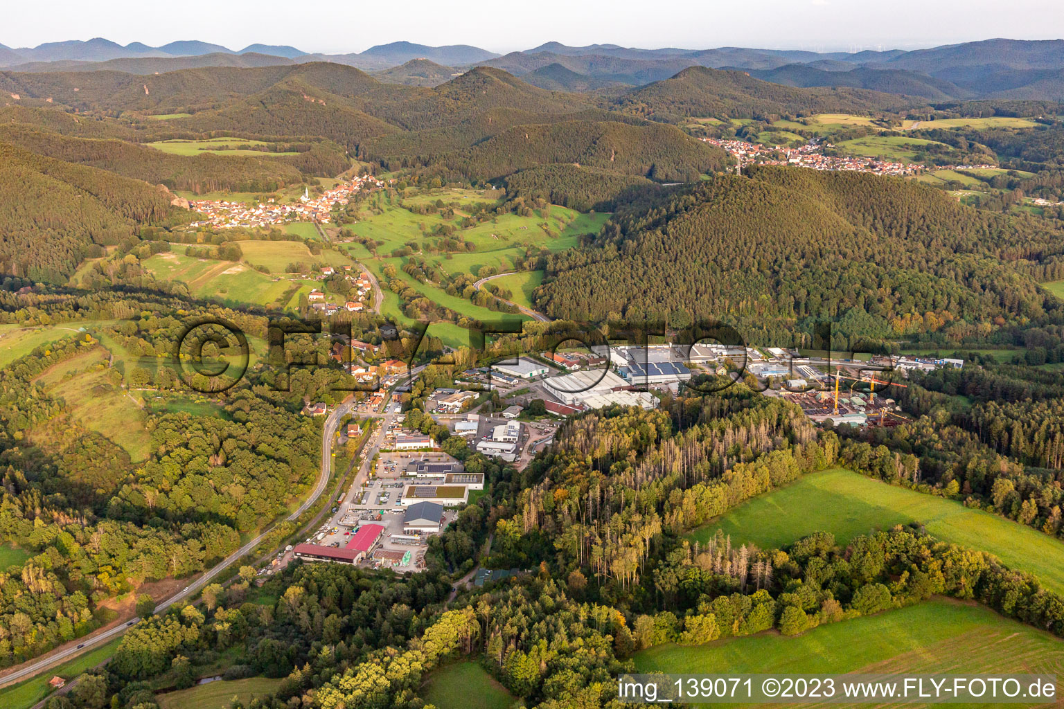 Aerial view of Reichenbach industrial area in Dahn in the state Rhineland-Palatinate, Germany
