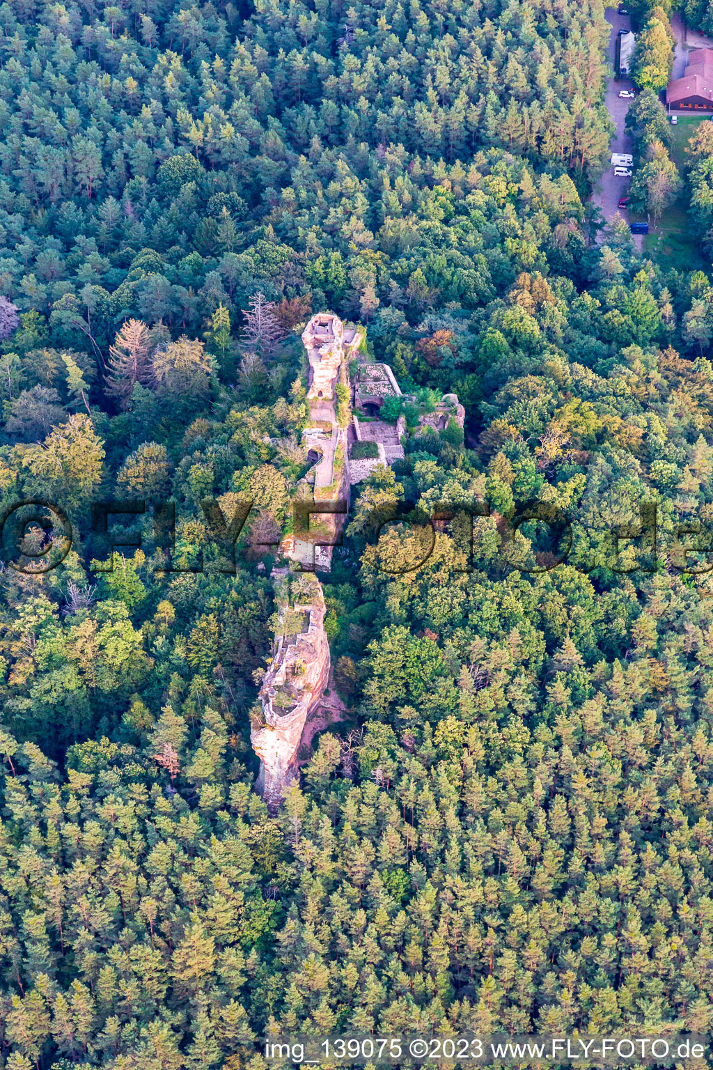 Drachenfels Castle in Busenberg in the state Rhineland-Palatinate, Germany out of the air