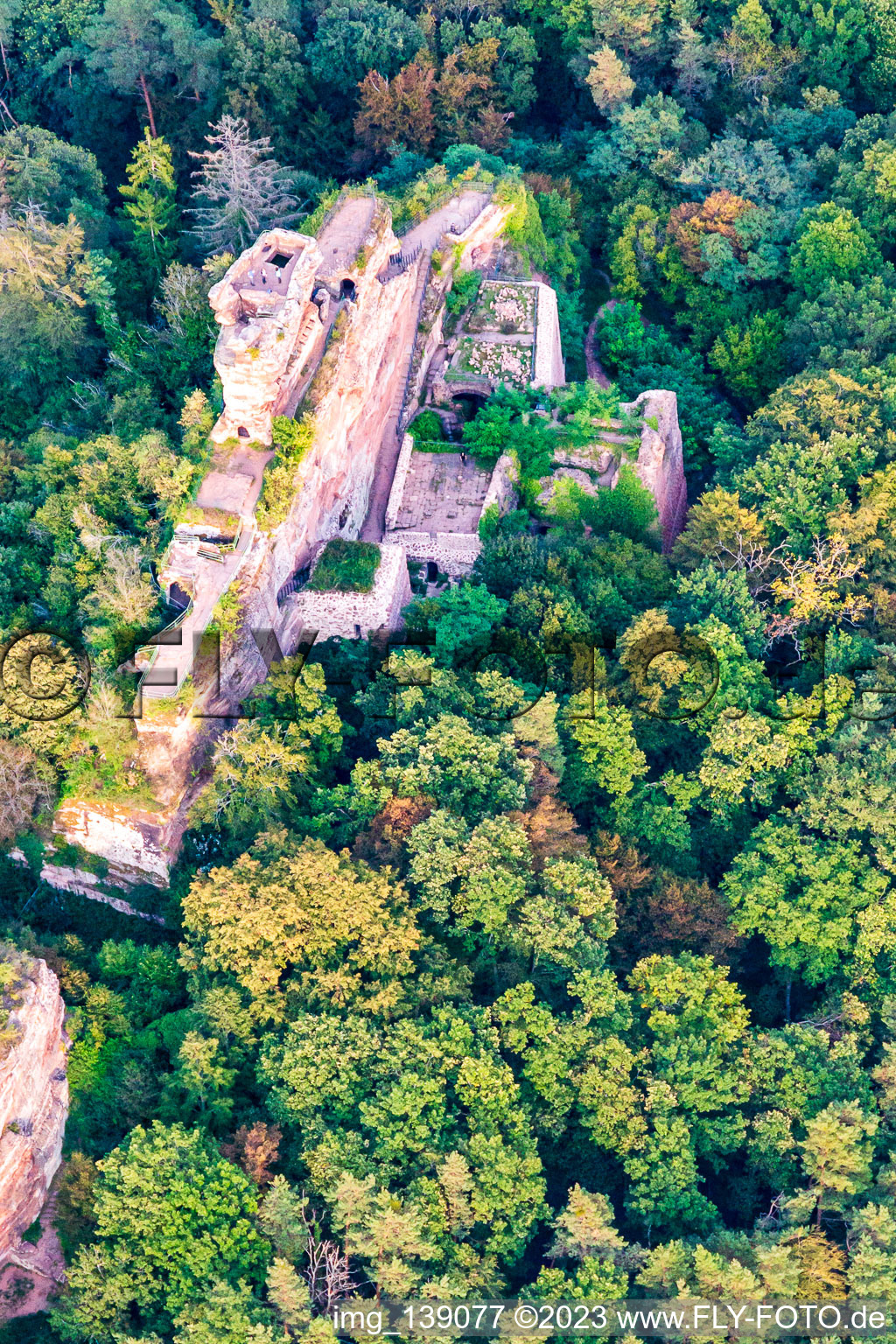 Drachenfels Castle in Busenberg in the state Rhineland-Palatinate, Germany seen from above