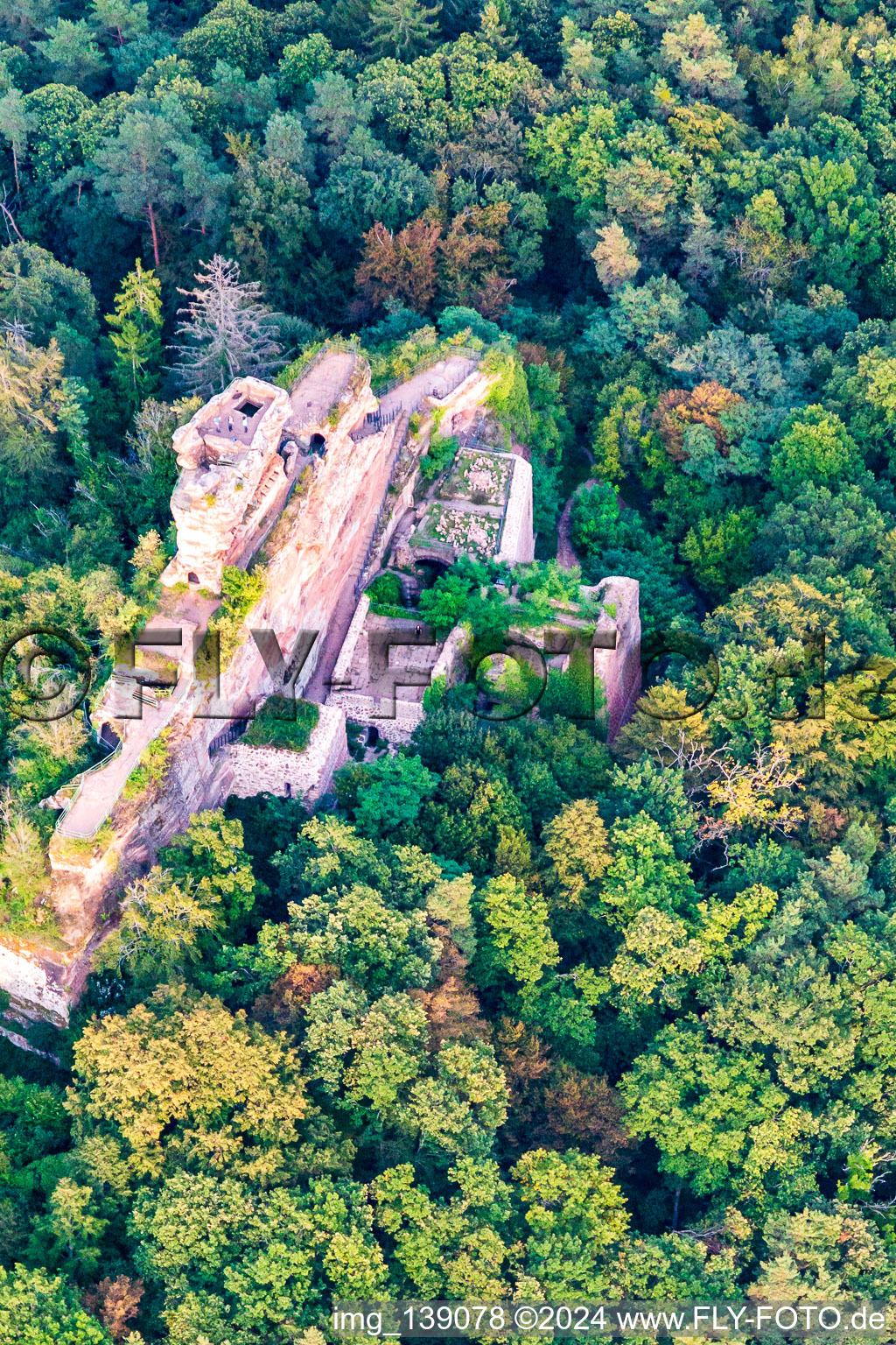 Drachenfels Castle in Busenberg in the state Rhineland-Palatinate, Germany from the plane