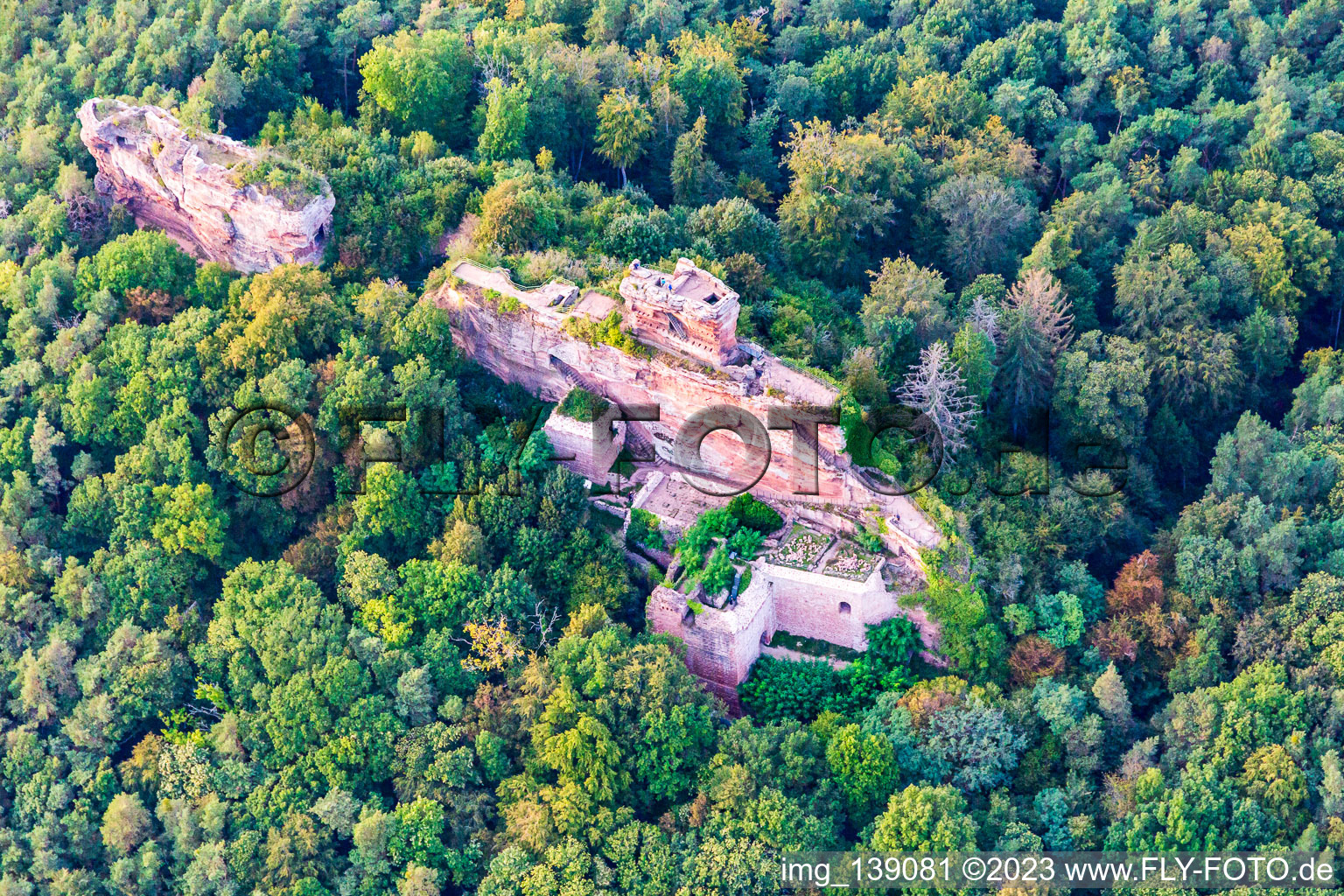 Bird's eye view of Drachenfels Castle in Busenberg in the state Rhineland-Palatinate, Germany