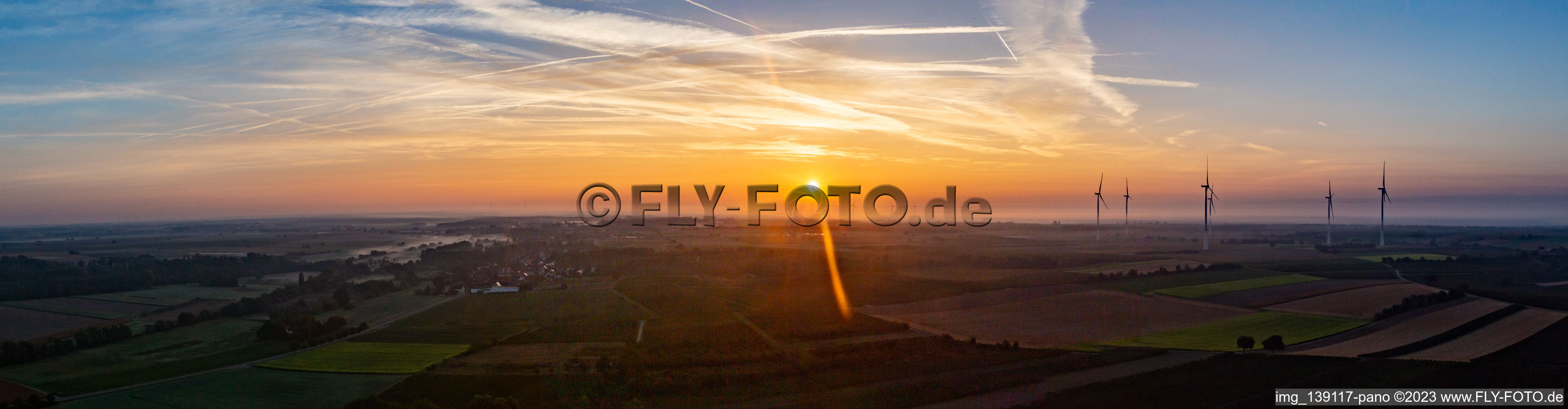 Aerial view of Wind farm Freckenfeld at sunrise in Freckenfeld in the state Rhineland-Palatinate, Germany