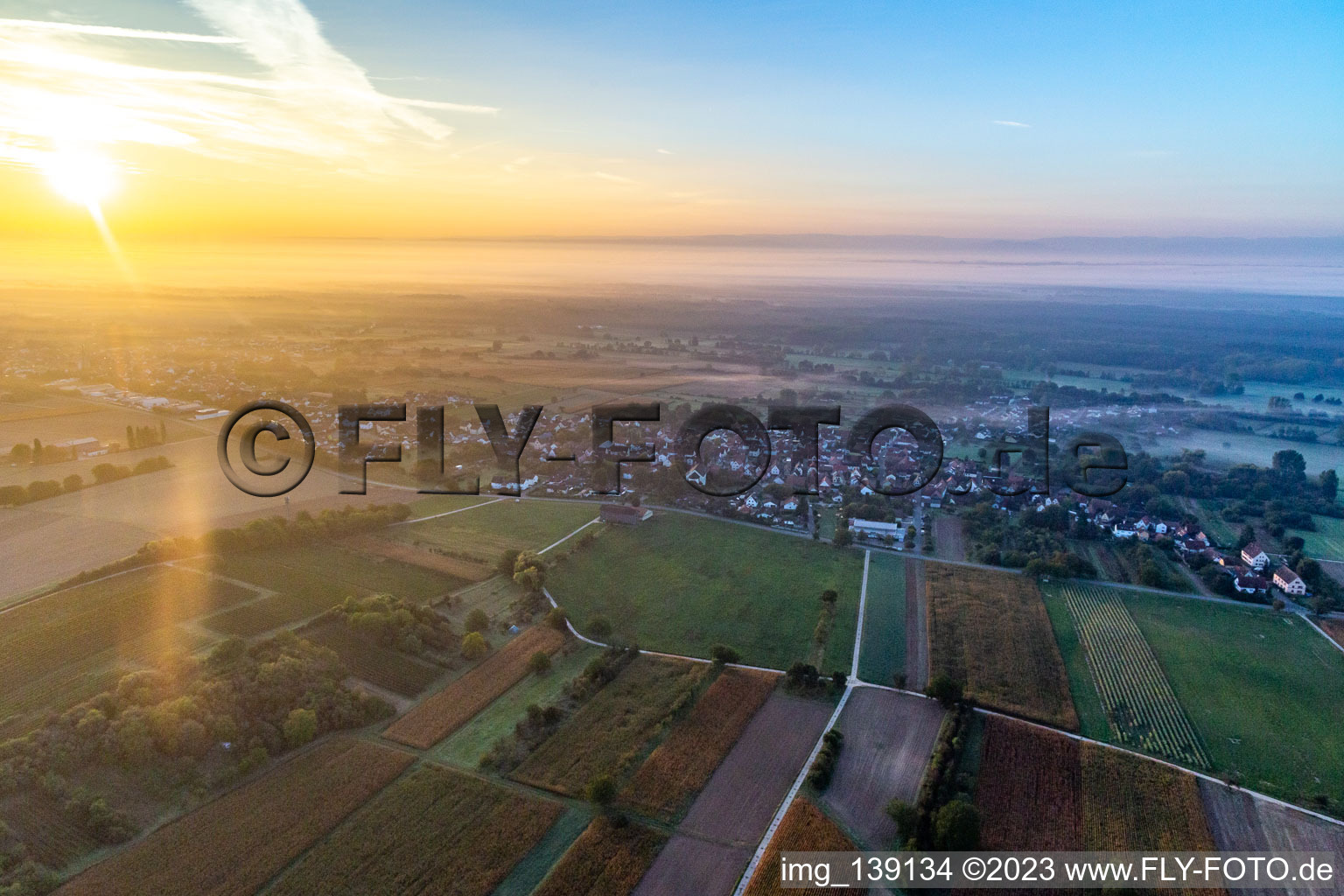 From the northwest at sunrise in Steinfeld in the state Rhineland-Palatinate, Germany