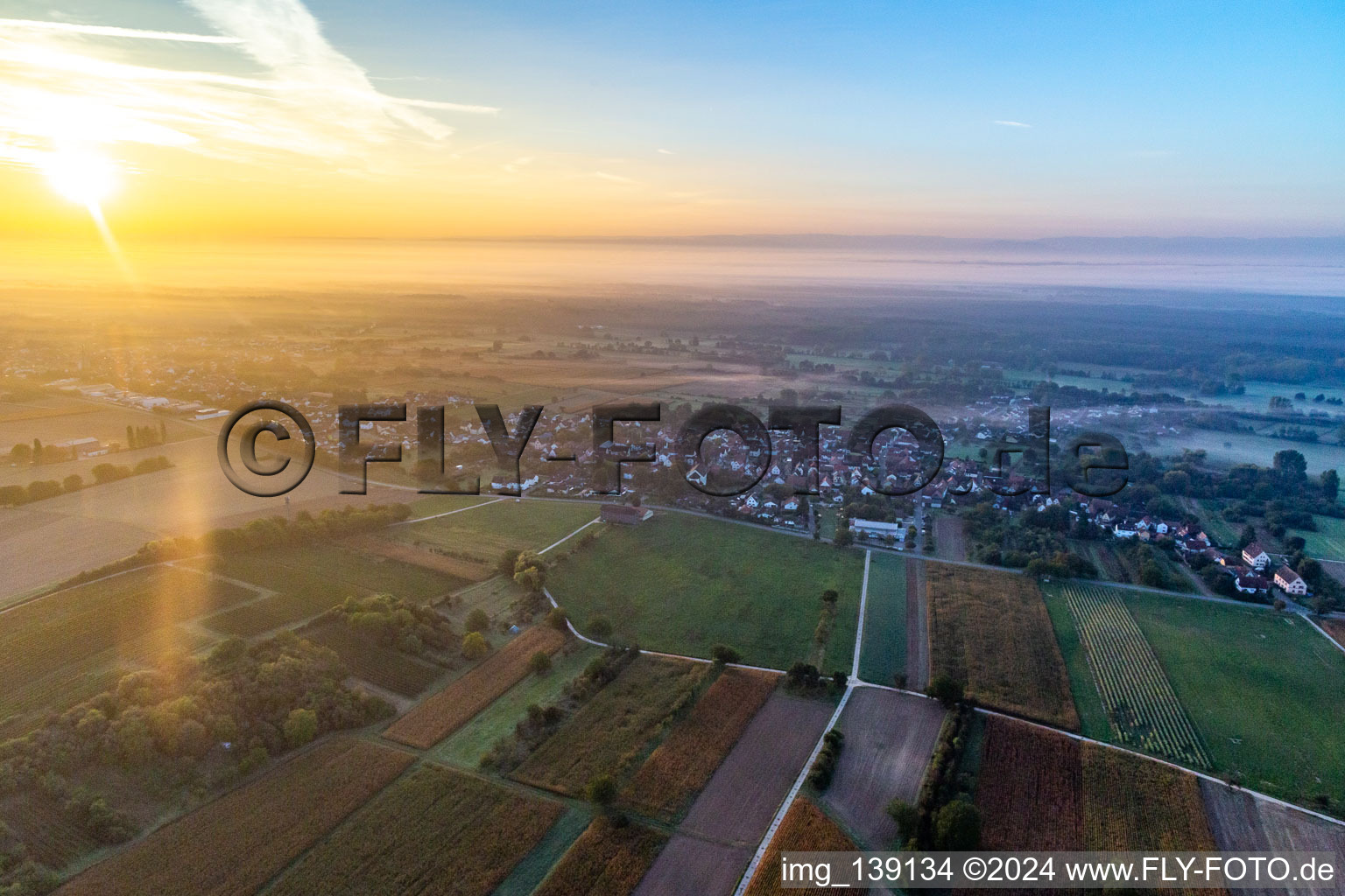 From the northwest at sunrise in Steinfeld in the state Rhineland-Palatinate, Germany