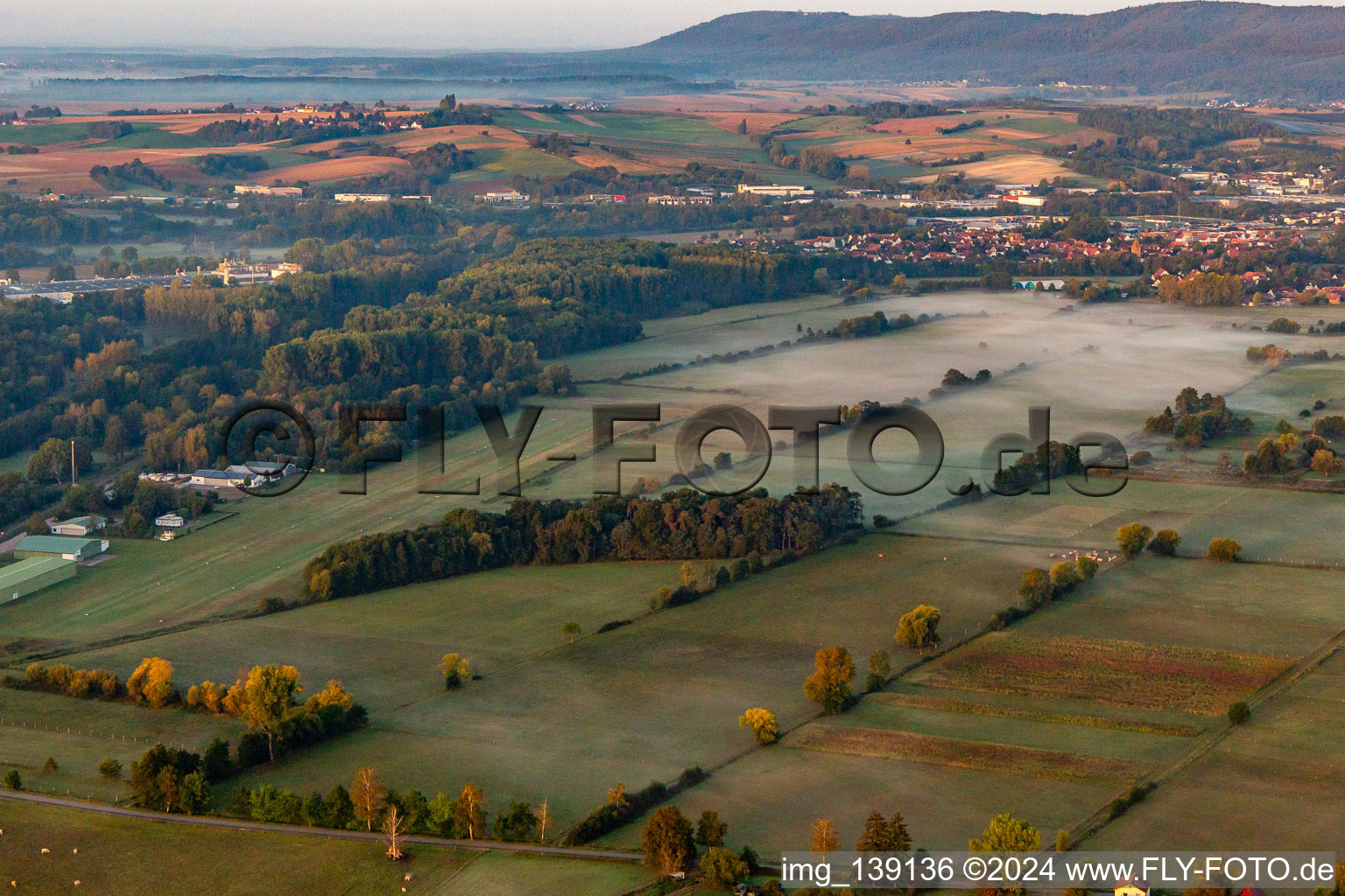 Airport in the morning mist in Schweighofen in the state Rhineland-Palatinate, Germany