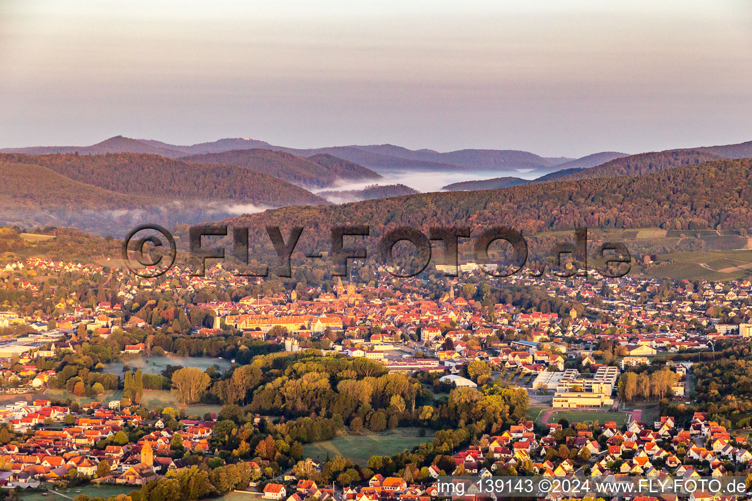 Wieslautertal in the morning mist behind Wissembourg in the district Altenstadt in Wissembourg in the state Bas-Rhin, France