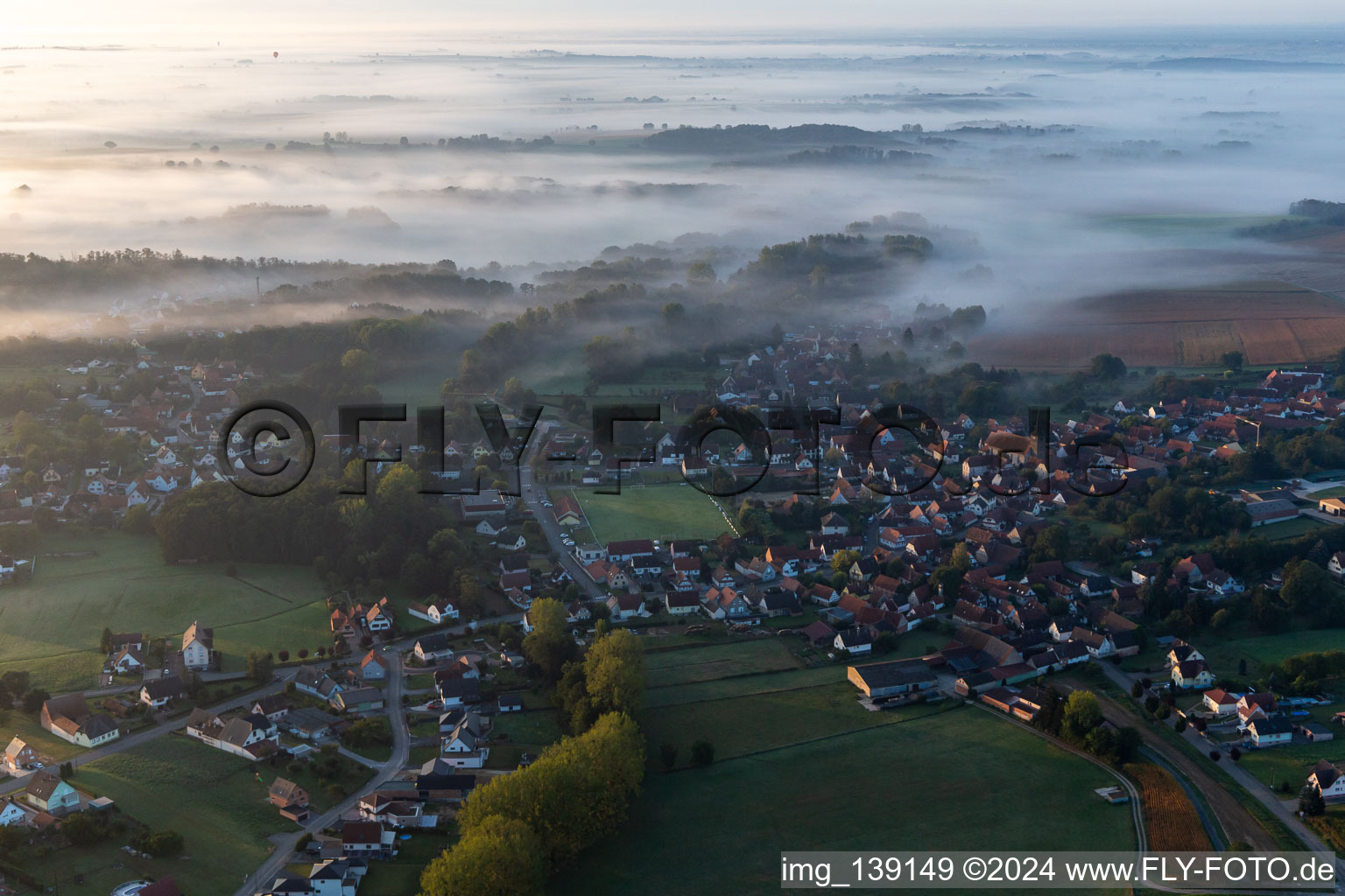 From the north in the morning mist in Riedseltz in the state Bas-Rhin, France