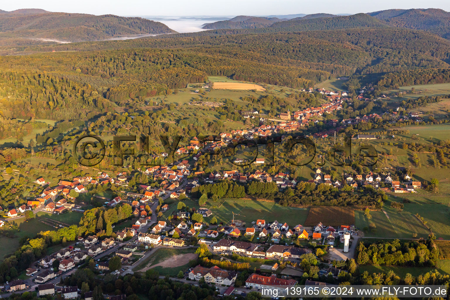 Morning mist covers the valleys of the Northern Vosges near Niederbronn in Langensoultzbach in the state Bas-Rhin, France