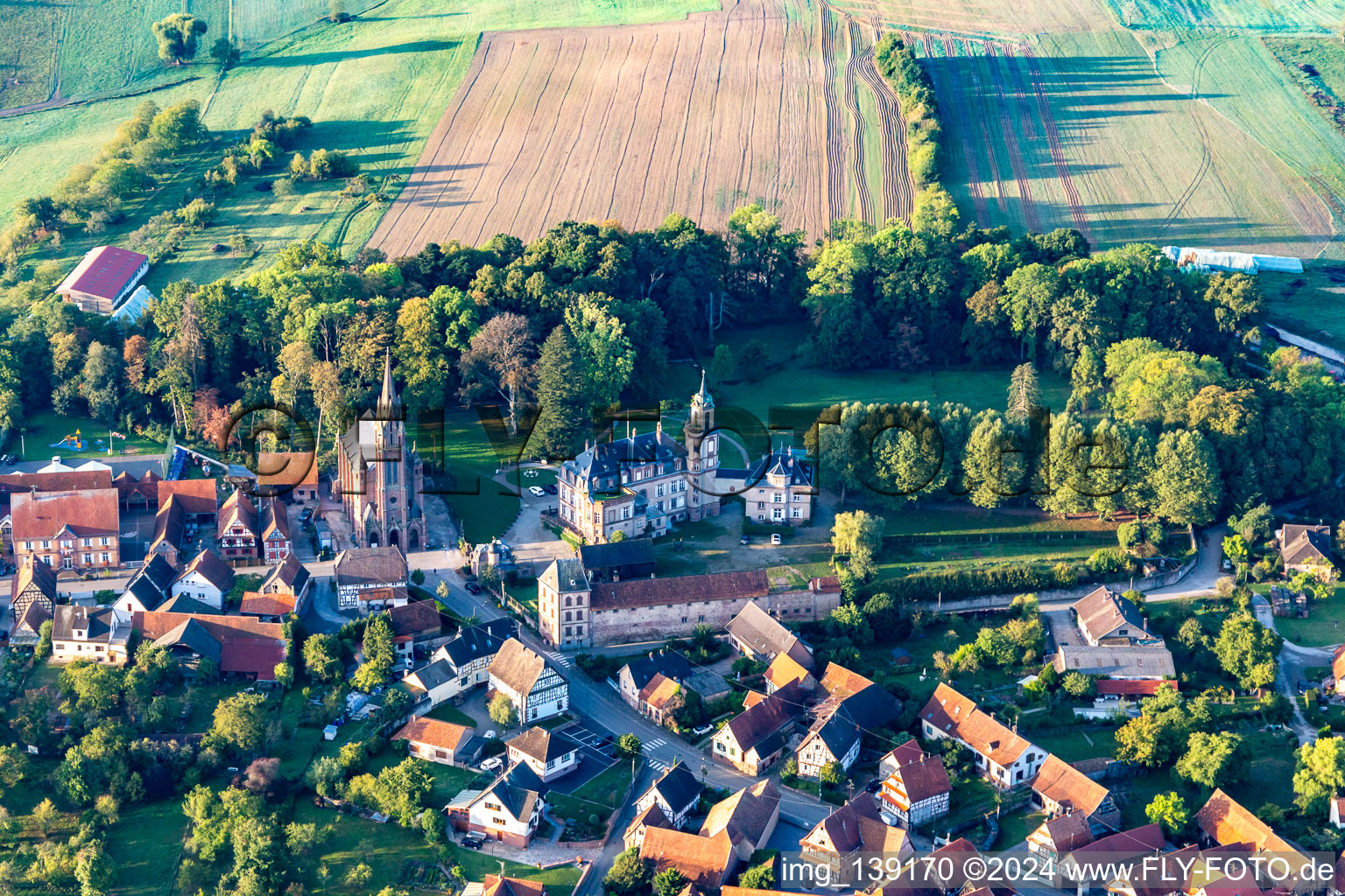 Aerial view of Château de Froeschwiller in Frœschwiller in the state Bas-Rhin, France