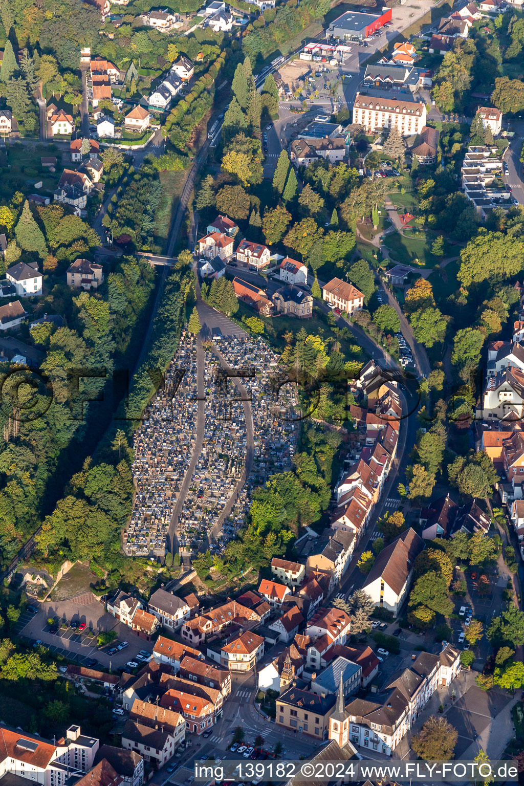 Aerial view of Cemetery of Niederbronn les Bains in Niederbronn-les-Bains in the state Bas-Rhin, France