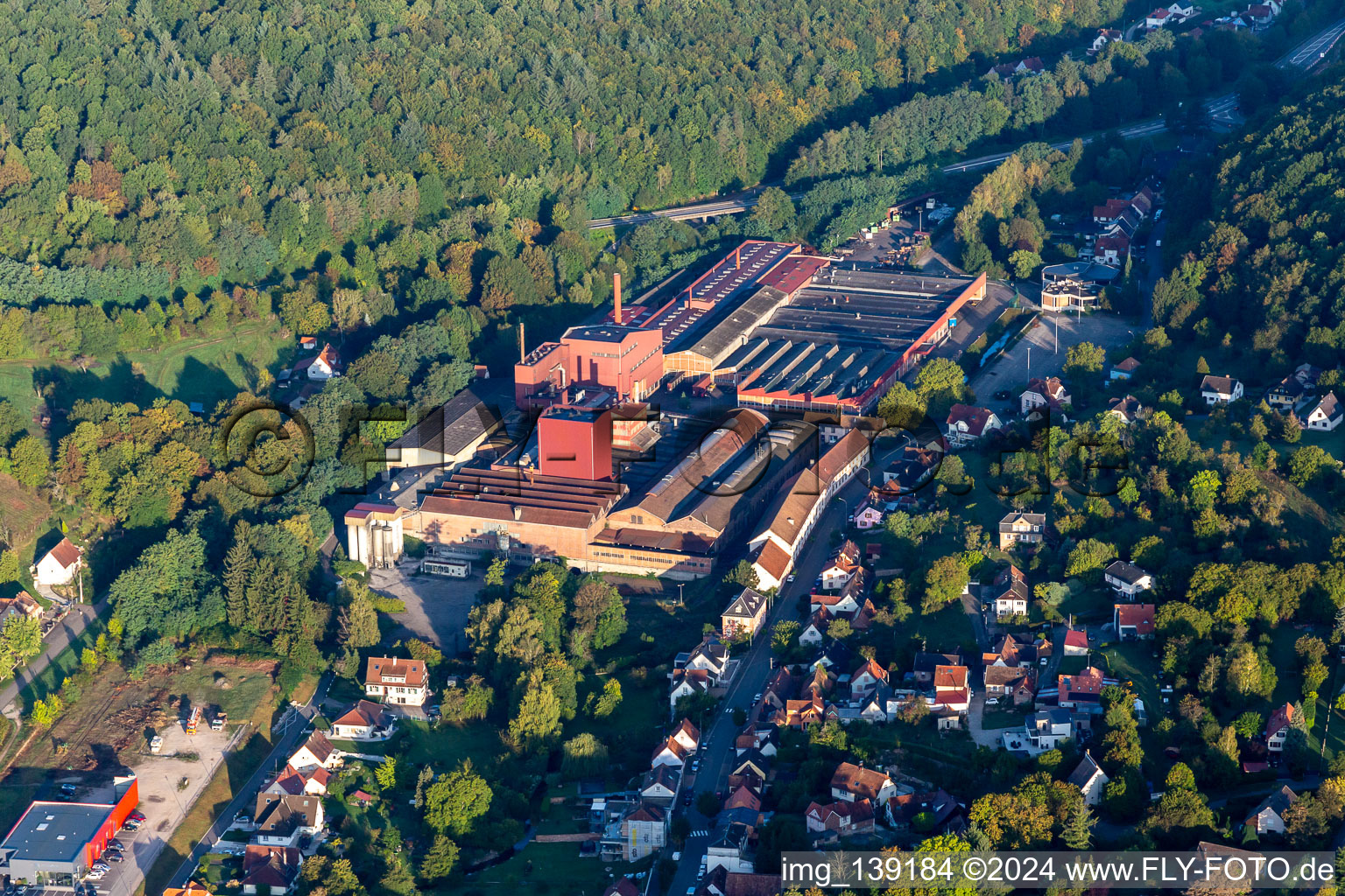 Aerial view of NIEDERBRONN FOUNDRY in Niederbronn-les-Bains in the state Bas-Rhin, France