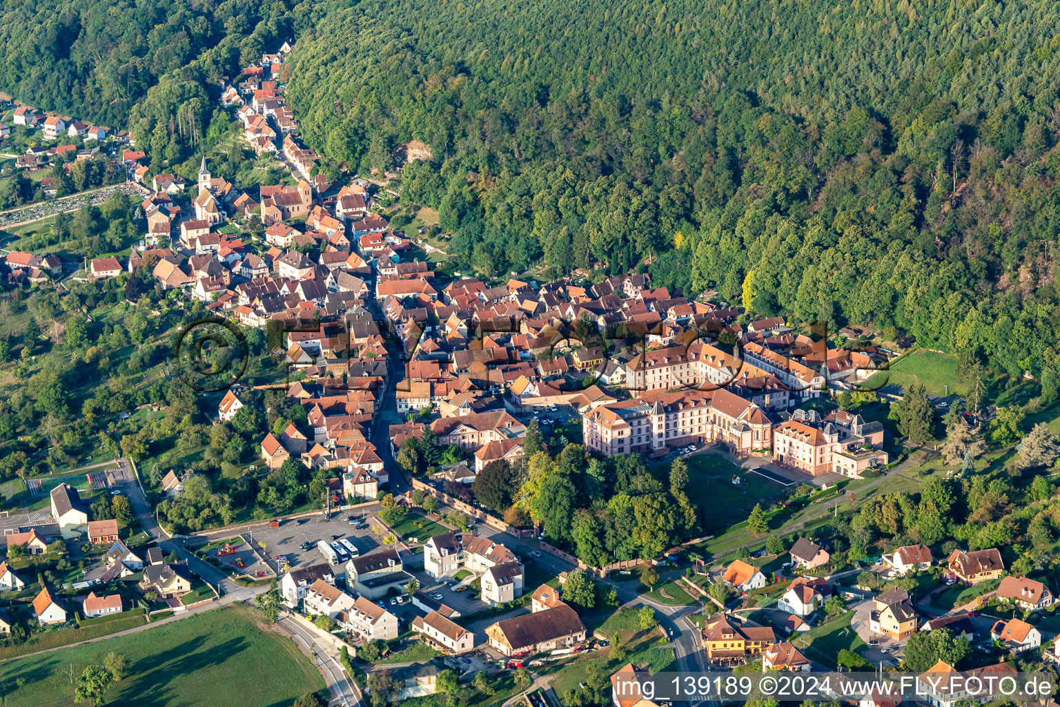 Aerial view of Monastery Oberbronn and Notre Dame Hospital in Oberbronn in the state Bas-Rhin, France