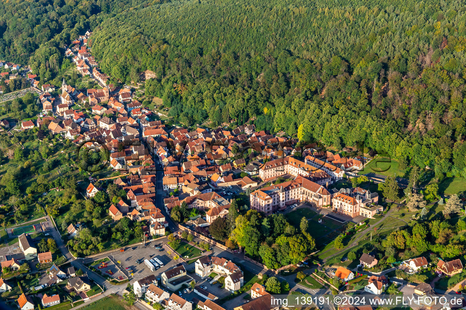 Aerial photograpy of Monastery Oberbronn and Notre Dame Hospital in Oberbronn in the state Bas-Rhin, France