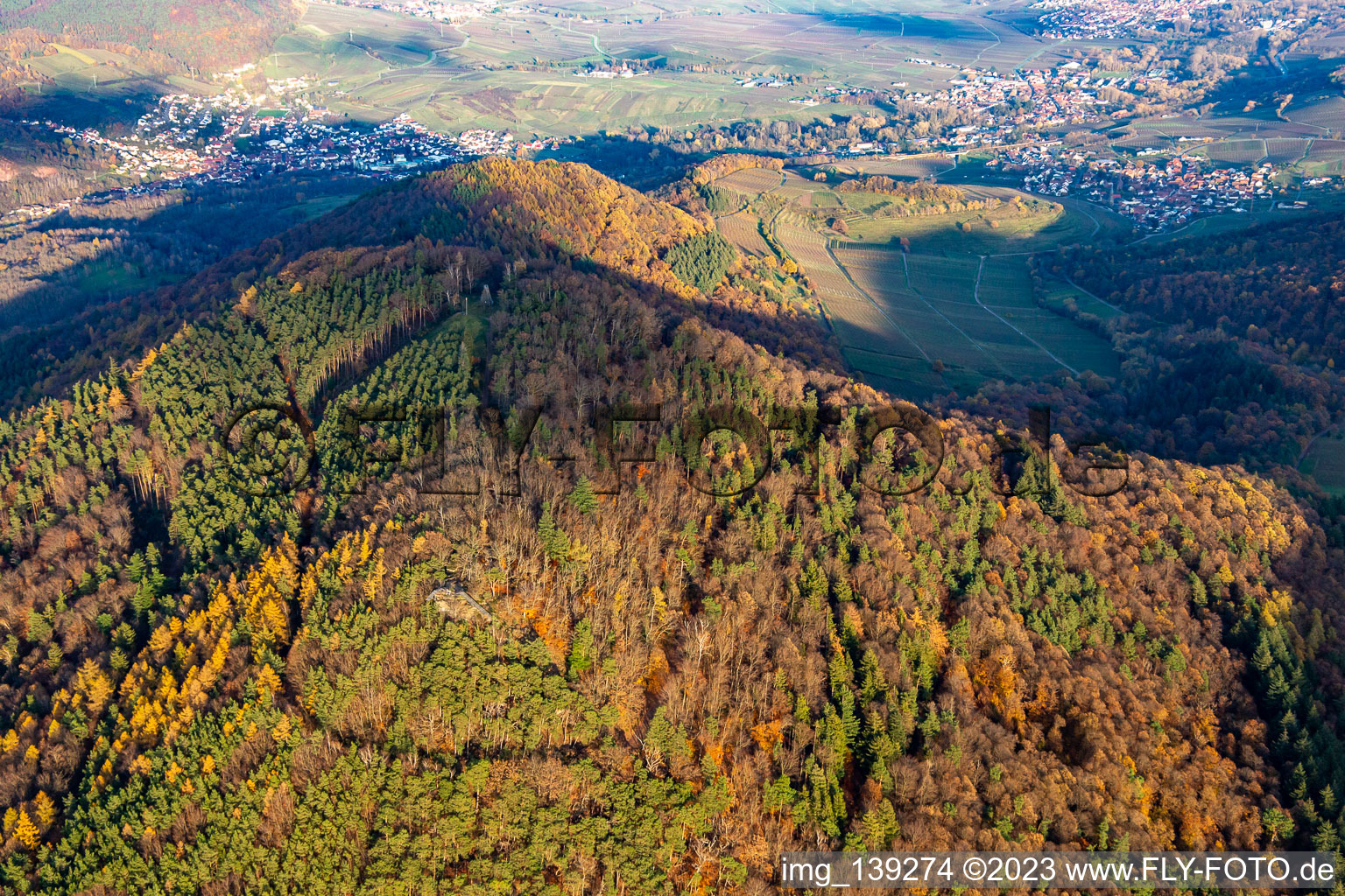 Aerial view of Hohenberg from the west in Annweiler am Trifels in the state Rhineland-Palatinate, Germany