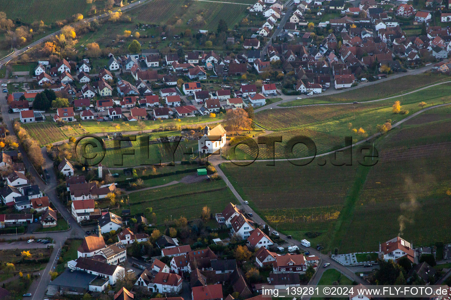 St. Dionysius Chapel in the district Gleiszellen in Gleiszellen-Gleishorbach in the state Rhineland-Palatinate, Germany seen from above