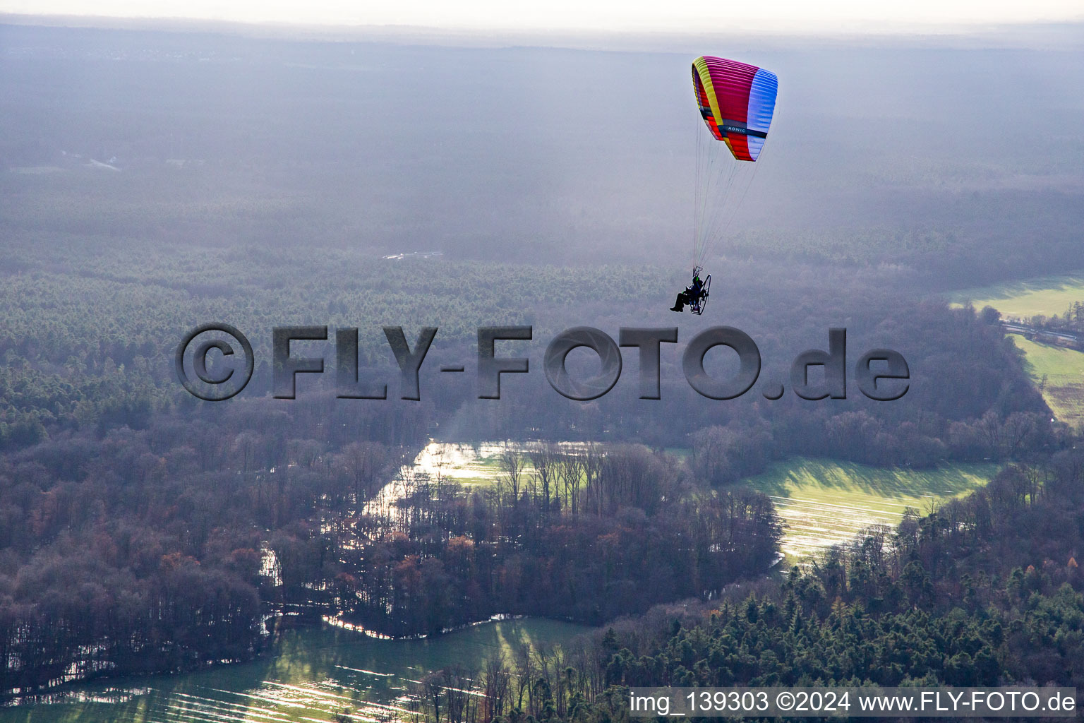 Paragliding over the Otterbachtal in Wörth am Rhein in the state Rhineland-Palatinate, Germany