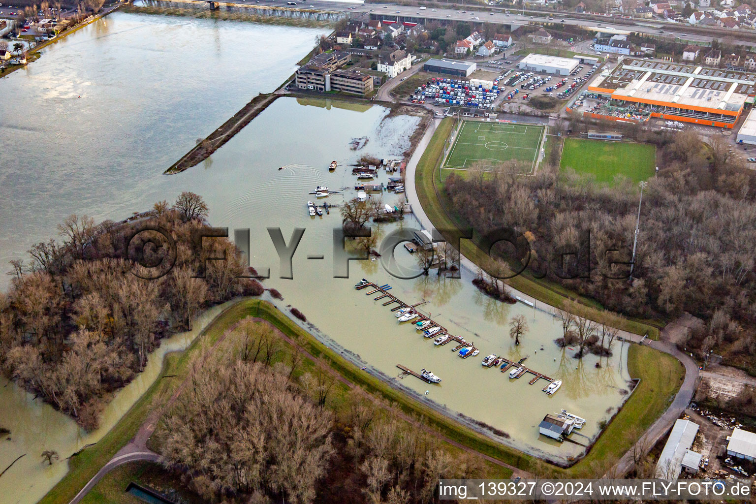 Rhine flood at the Rhine port of Maximliansau in the district Maximiliansau in Wörth am Rhein in the state Rhineland-Palatinate, Germany