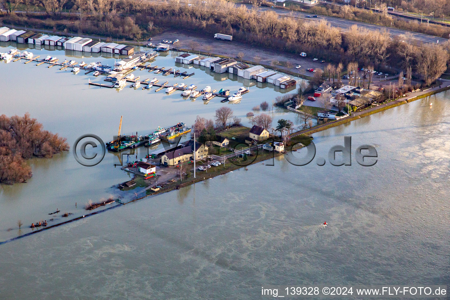 Waterways and shipping office Maxau near Rhine floods in the district Knielingen in Karlsruhe in the state Baden-Wuerttemberg, Germany