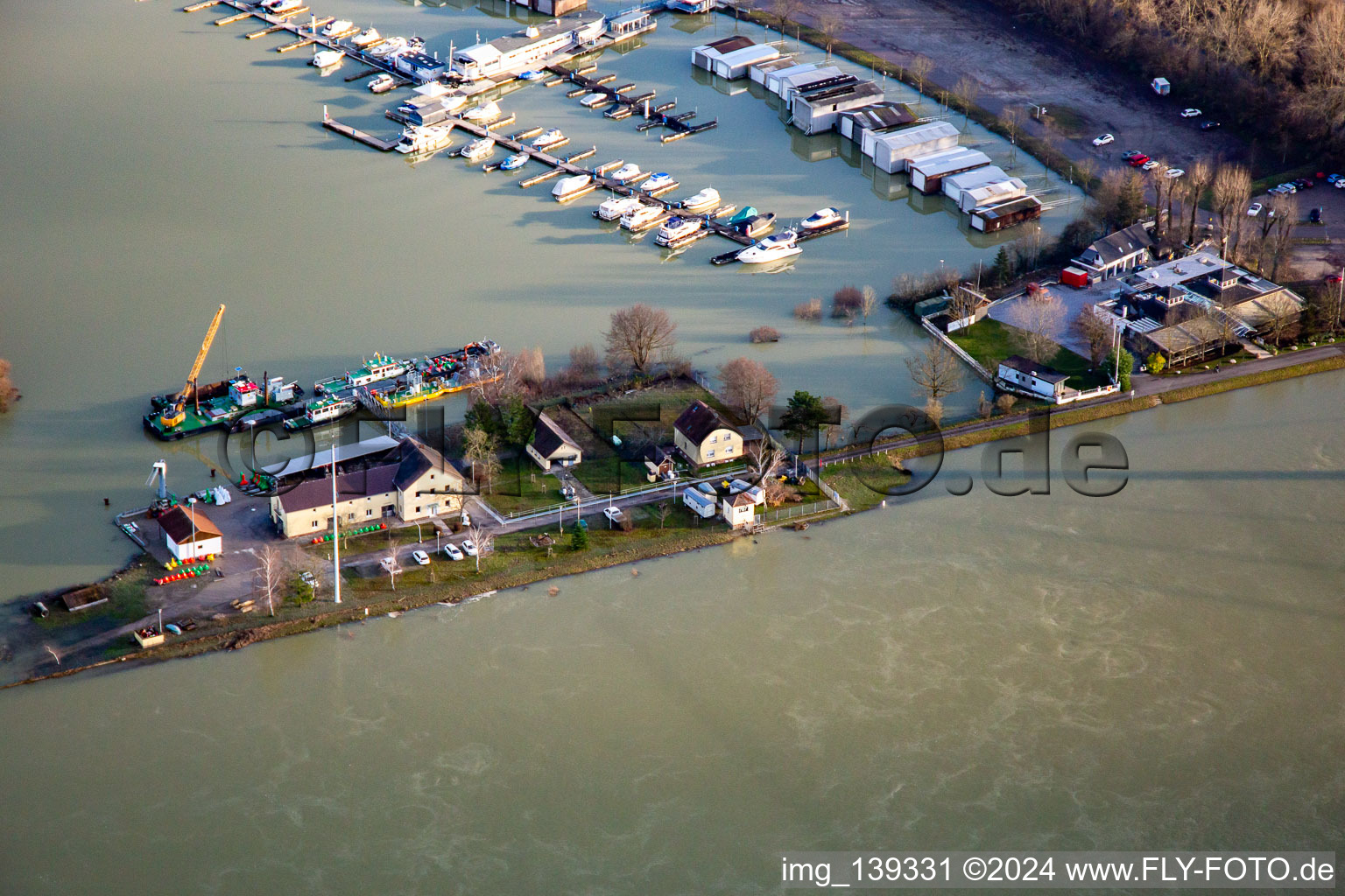 Flooded Waterways and Shipping Office Maxau during Rhine flood in the district Knielingen in Karlsruhe in the state Baden-Wuerttemberg, Germany