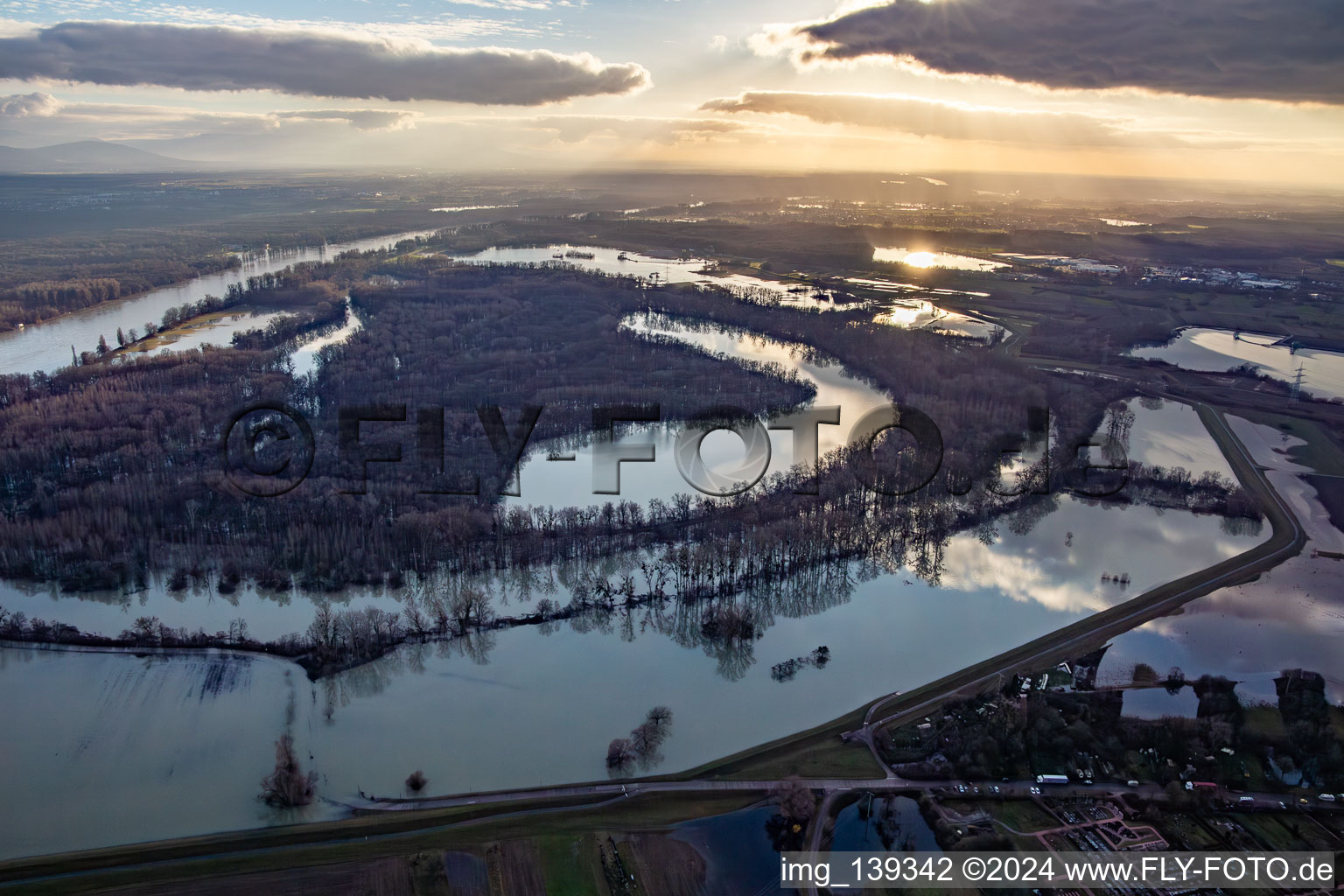Aerial photograpy of Goldgrund nature reserve in the Hagenbacher Altrheinschleife flooded due to flooding in the district Maximiliansau in Wörth am Rhein in the state Rhineland-Palatinate, Germany