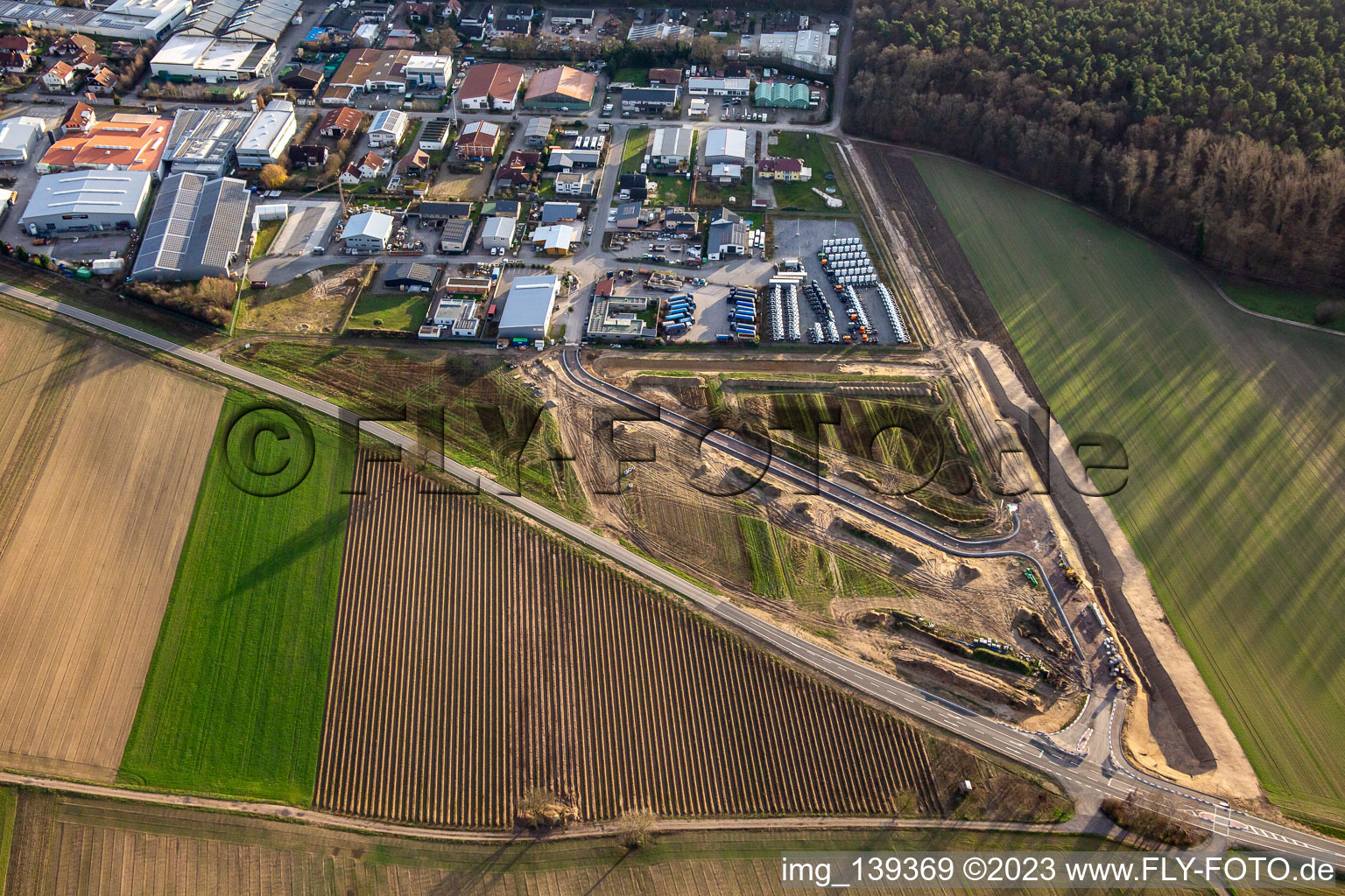 Aerial view of Expansion area of the Gereutäcker commercial area in Hatzenbühl in the state Rhineland-Palatinate, Germany