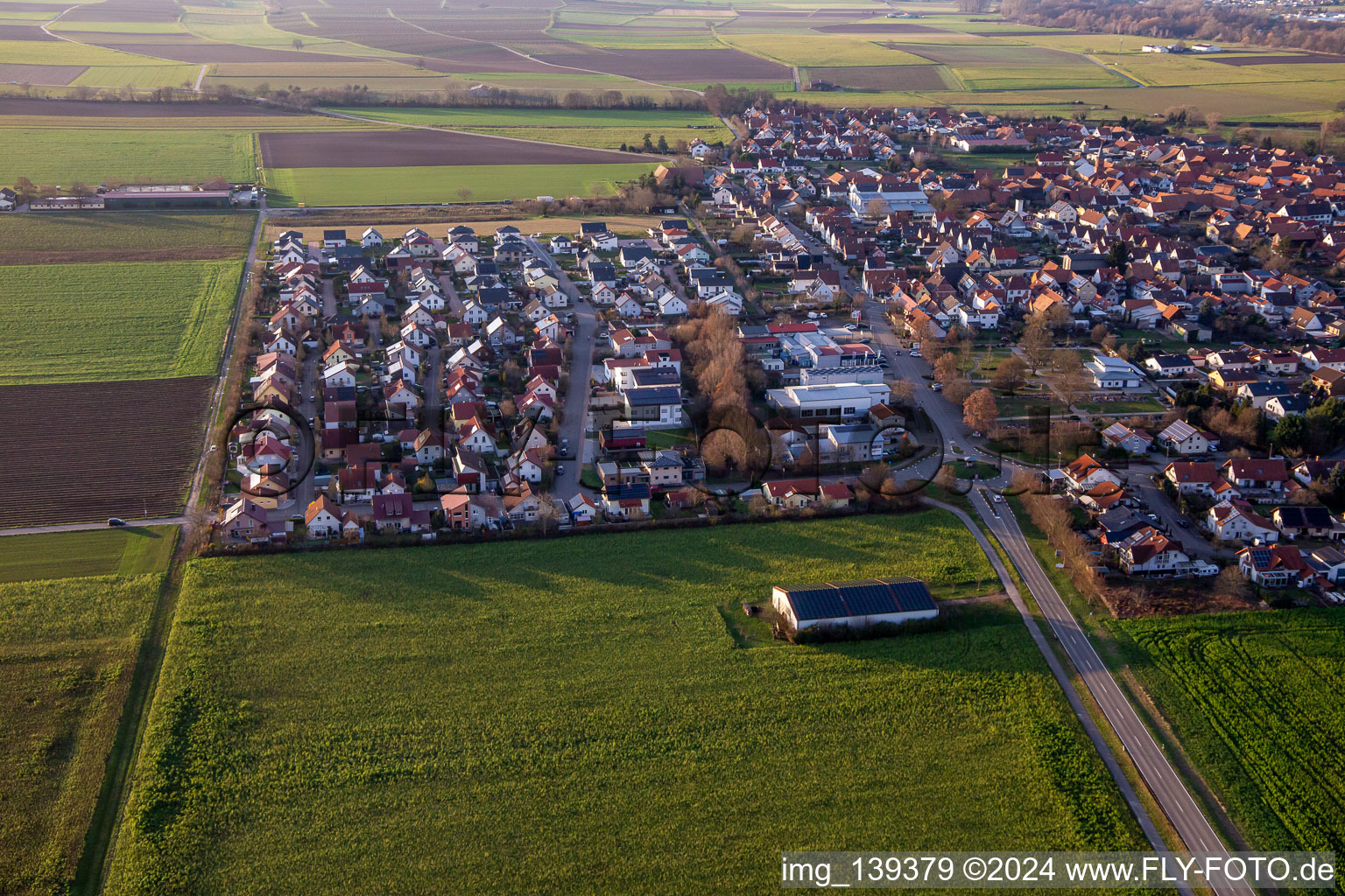 New development area Brotäcker from the west in Steinweiler in the state Rhineland-Palatinate, Germany