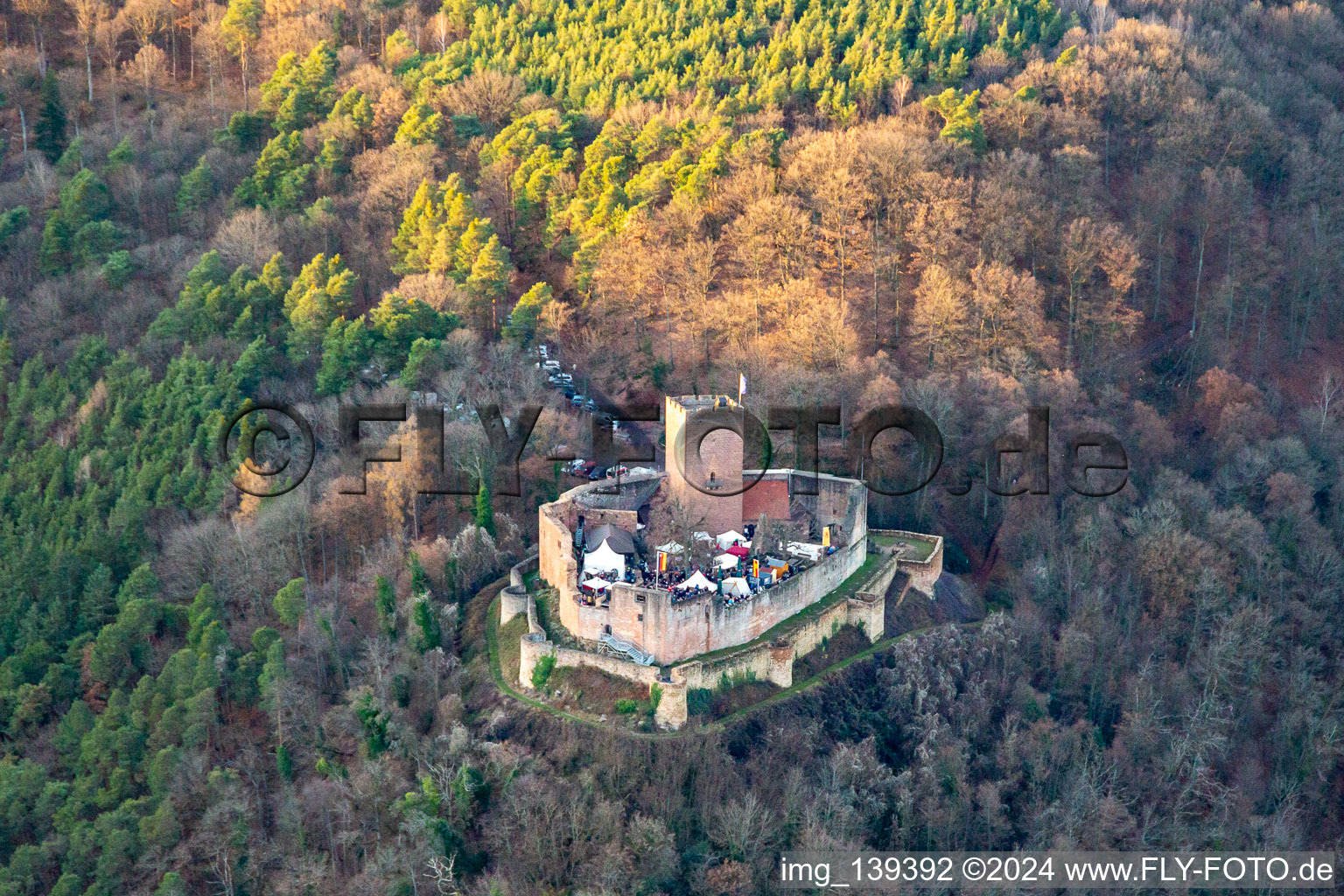 Aerial view of Christmas market at the Landeck castle ruins in Klingenmünster in the state Rhineland-Palatinate, Germany