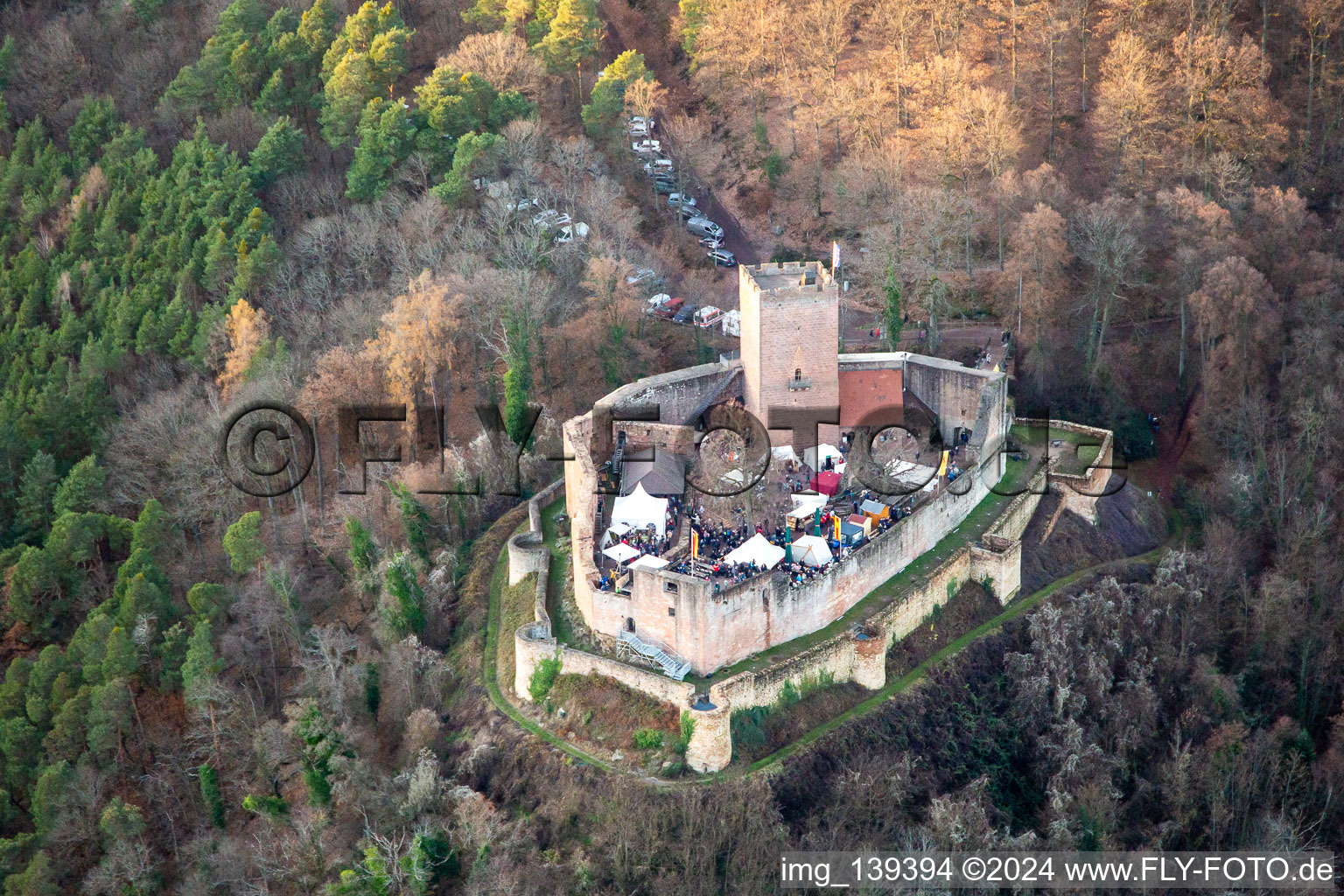 Aerial photograpy of Christmas market at the Landeck castle ruins in Klingenmünster in the state Rhineland-Palatinate, Germany