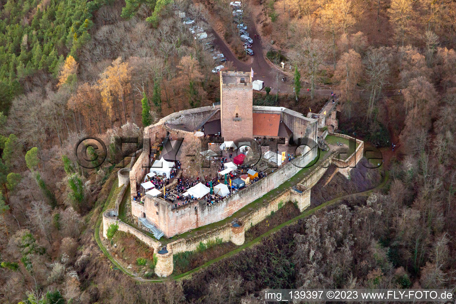 Oblique view of Christmas market at the Landeck castle ruins in Klingenmünster in the state Rhineland-Palatinate, Germany