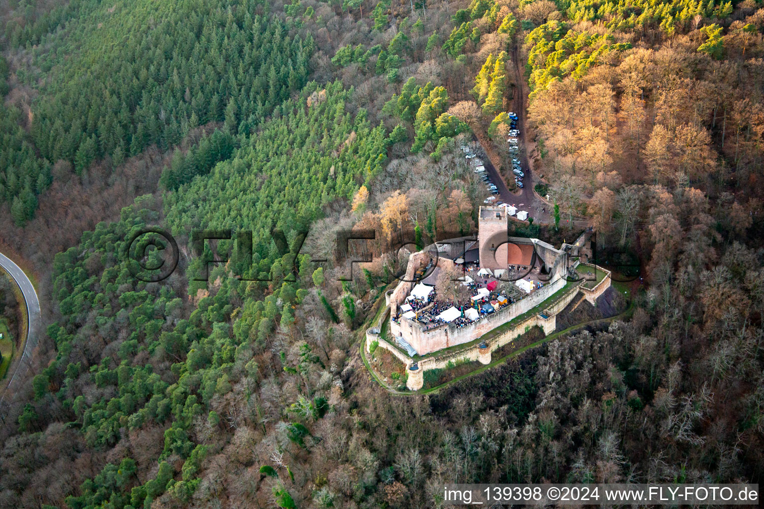 Christmas market at the Landeck castle ruins in Klingenmünster in the state Rhineland-Palatinate, Germany from above