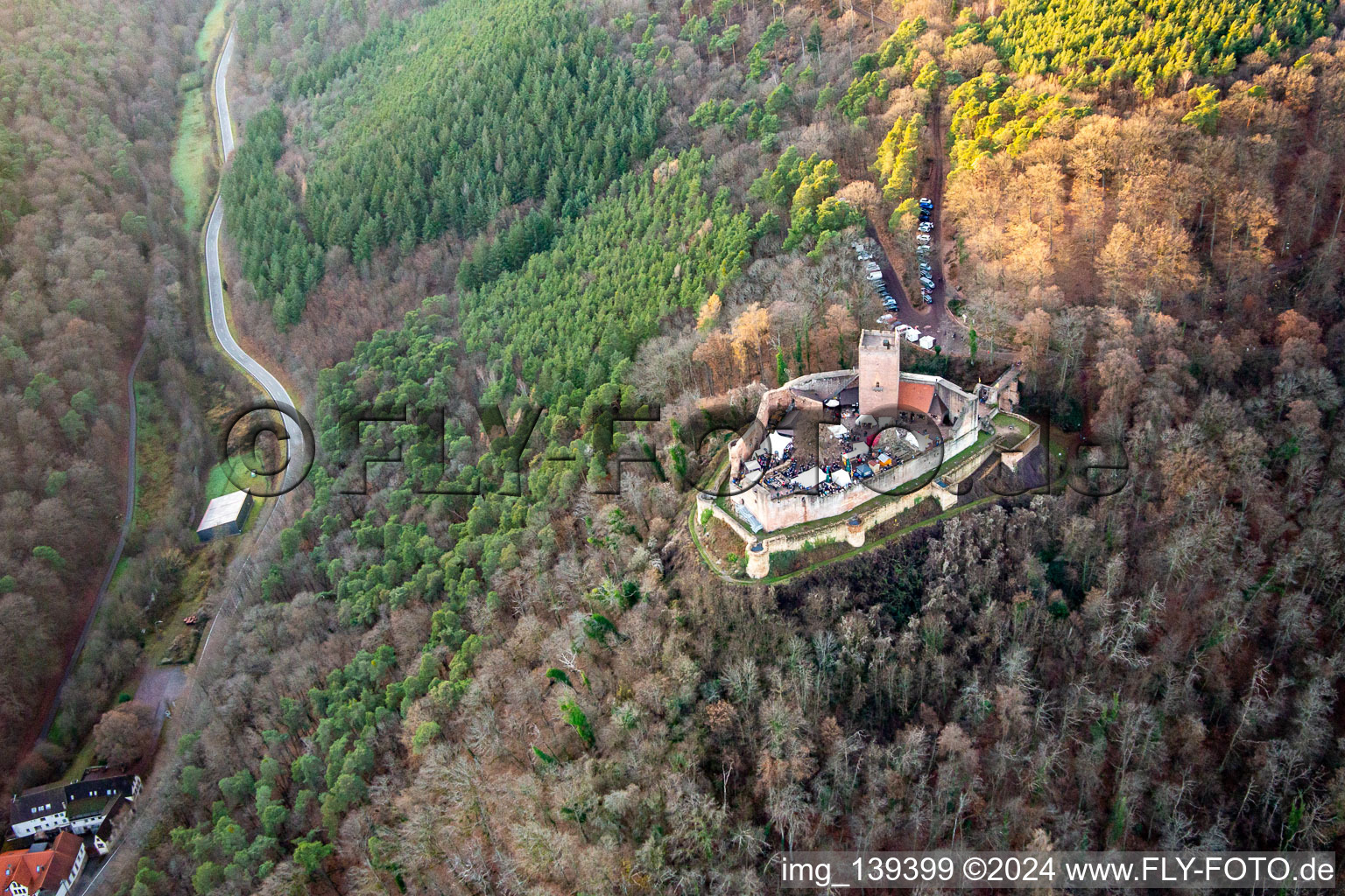 Christmas market at the Landeck castle ruins in Klingenmünster in the state Rhineland-Palatinate, Germany out of the air