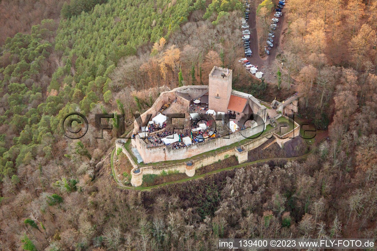 Christmas market at the Landeck castle ruins in Klingenmünster in the state Rhineland-Palatinate, Germany seen from above