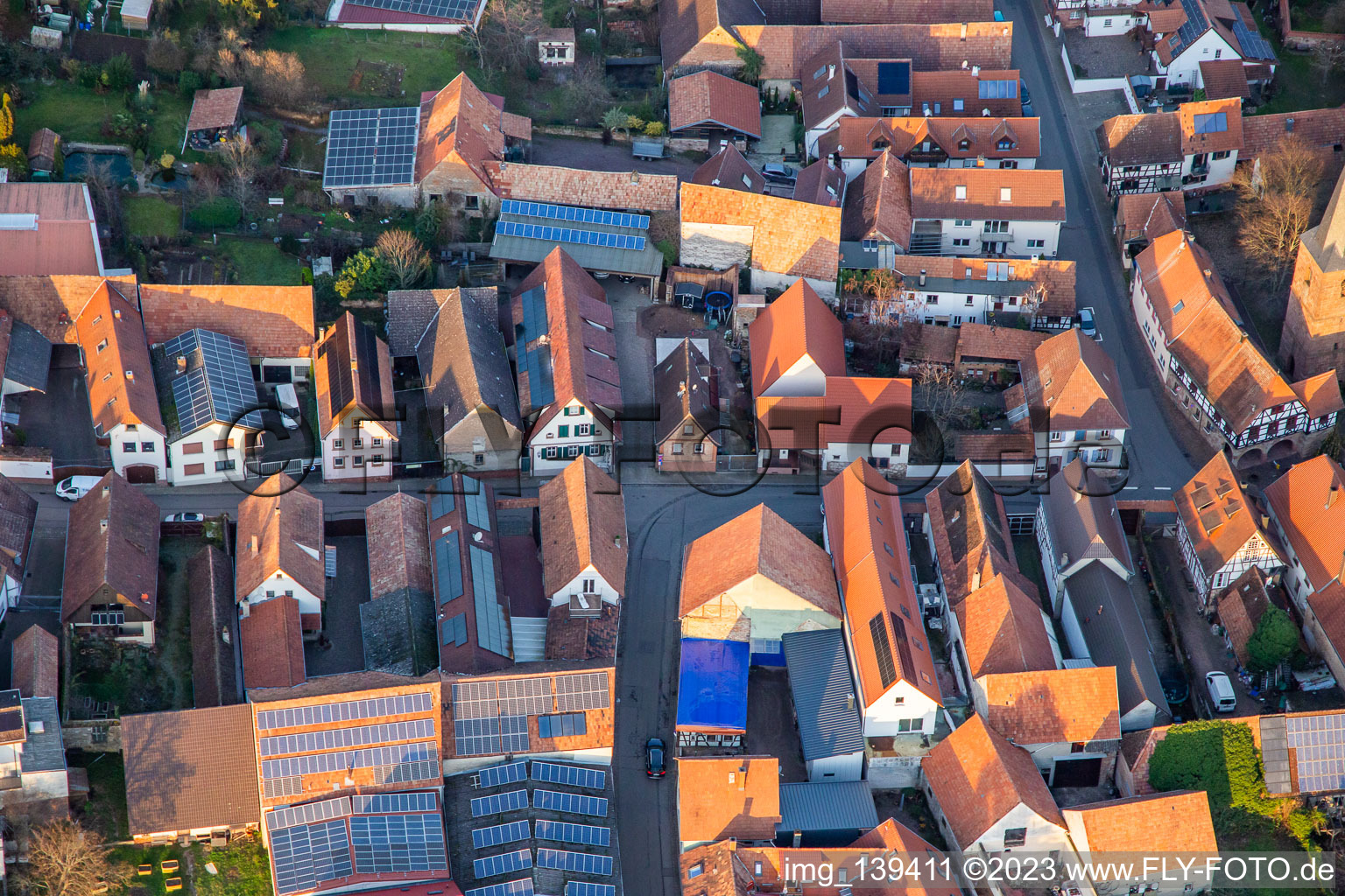 Aerial view of Main street from the south in the district Heuchelheim in Heuchelheim-Klingen in the state Rhineland-Palatinate, Germany