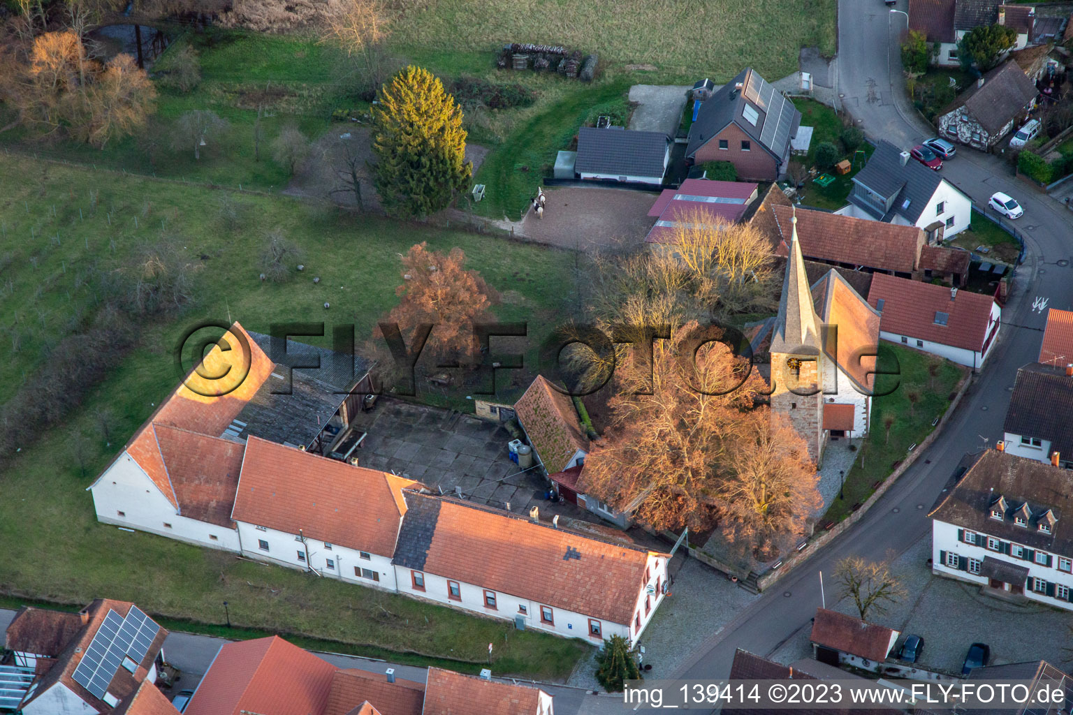 Aerial view of Protestant church in the district Klingen in Heuchelheim-Klingen in the state Rhineland-Palatinate, Germany