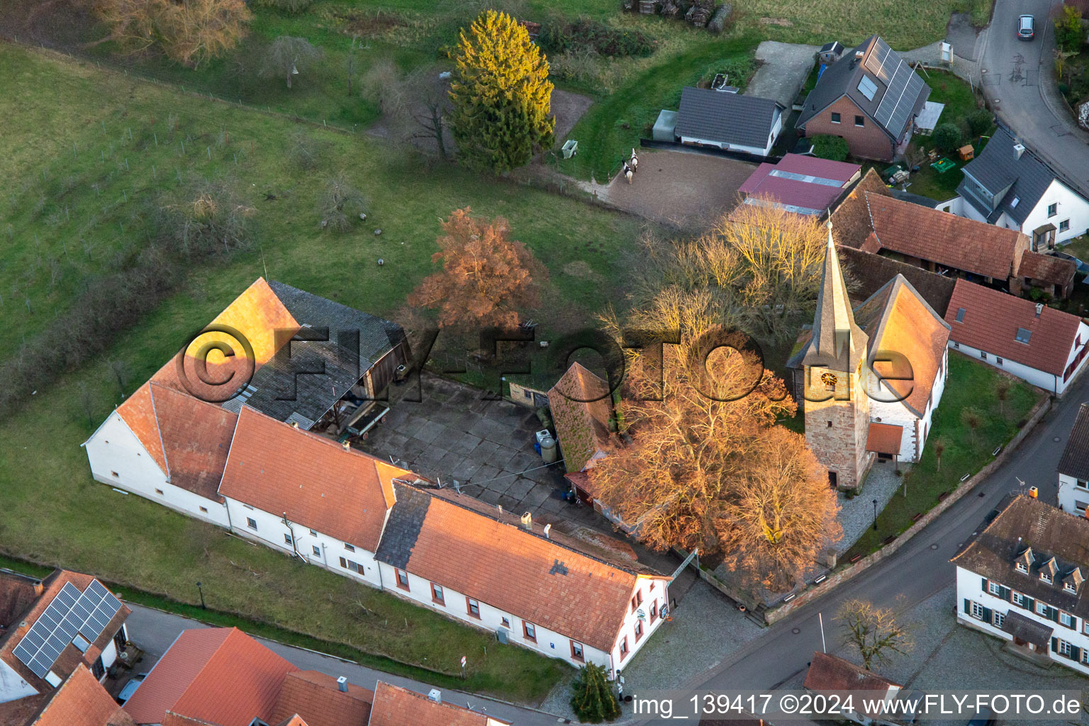 Aerial photograpy of Protestant Church in the district Klingen in Heuchelheim-Klingen in the state Rhineland-Palatinate, Germany