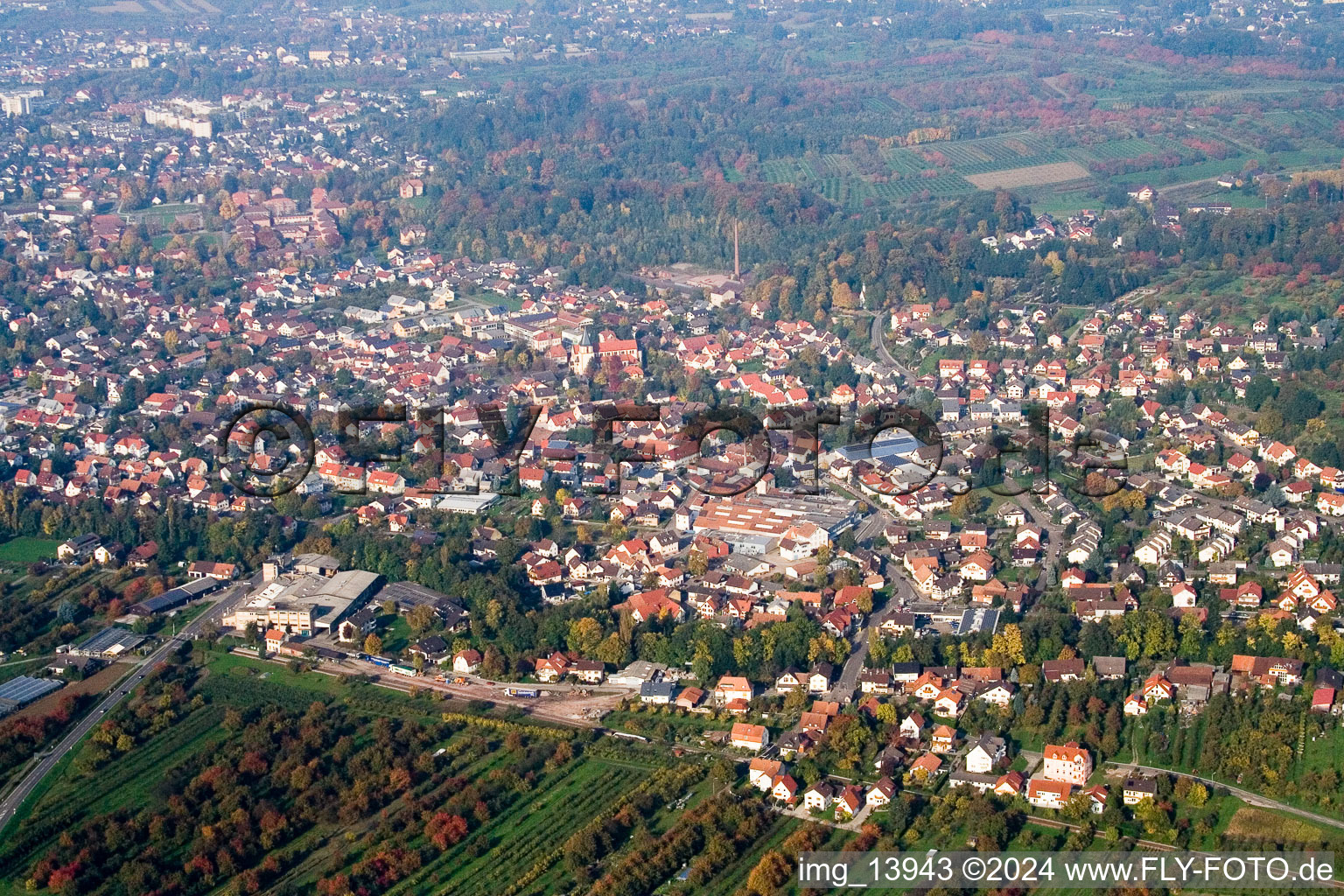 Panoramic city view of downtown area of Achern in the district Oberachern in Achern in the state Baden-Wurttemberg