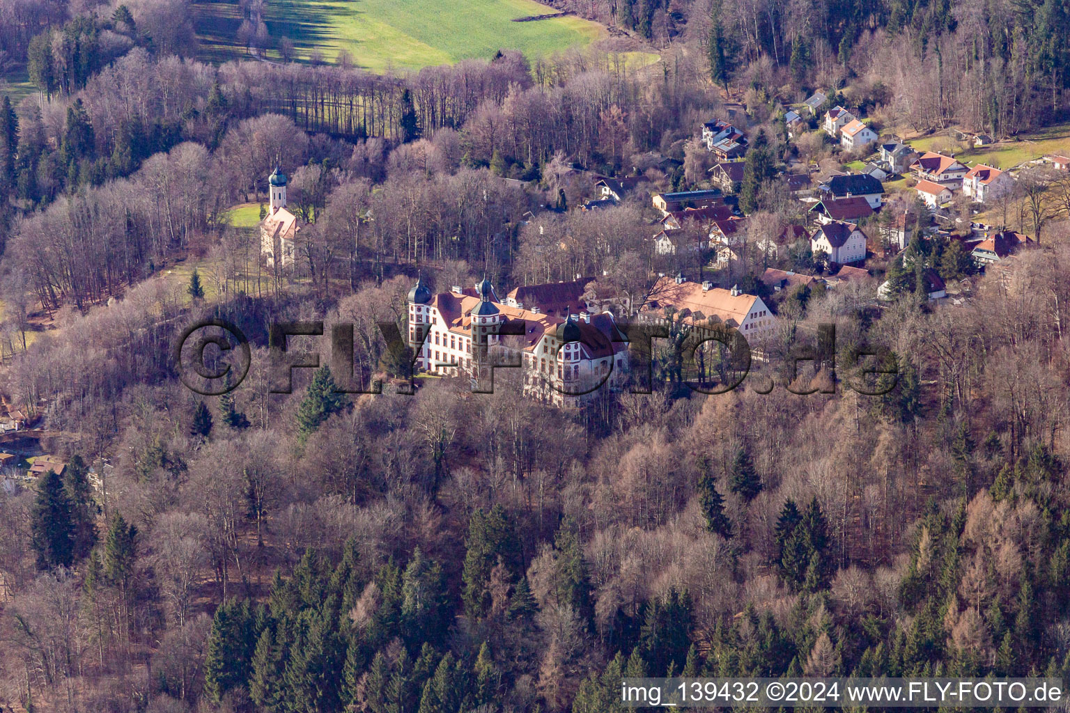 Aerial view of Castle and Chapel of the Immaculate Conception in Eurasburg in the state Bavaria, Germany