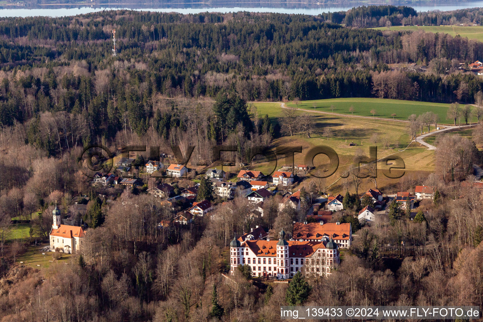 Aerial photograpy of Castle and Chapel of the Immaculate Conception in Eurasburg in the state Bavaria, Germany