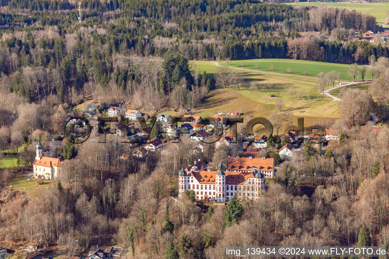 Oblique view of Castle and Chapel of the Immaculate Conception in Eurasburg in the state Bavaria, Germany