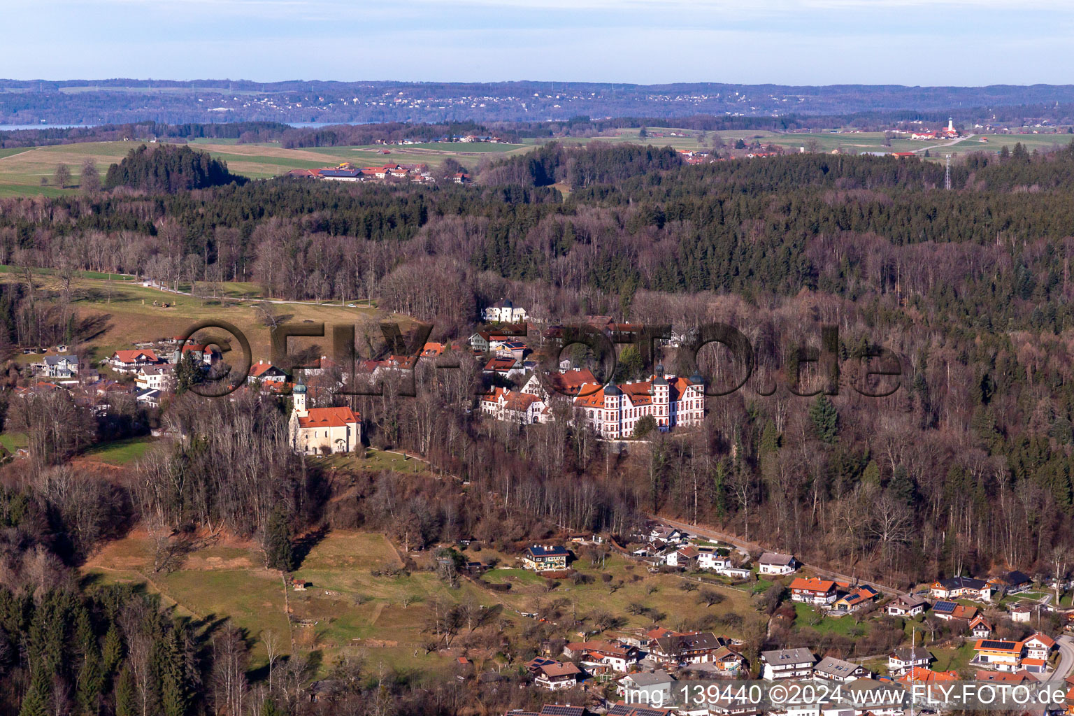 Castle and Chapel of the Immaculate Conception in Eurasburg in the state Bavaria, Germany out of the air